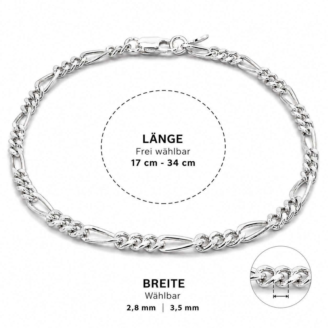 M-Punkt24 Armband Fußkette FIGARO 925 Echt-Silber (17 cm, Breite 2,8 mm, inkl. Etui, Freundschaftskette, Partnerlook, für Damen und Herren), Größe & Breite wähl – Bild 5 von 5