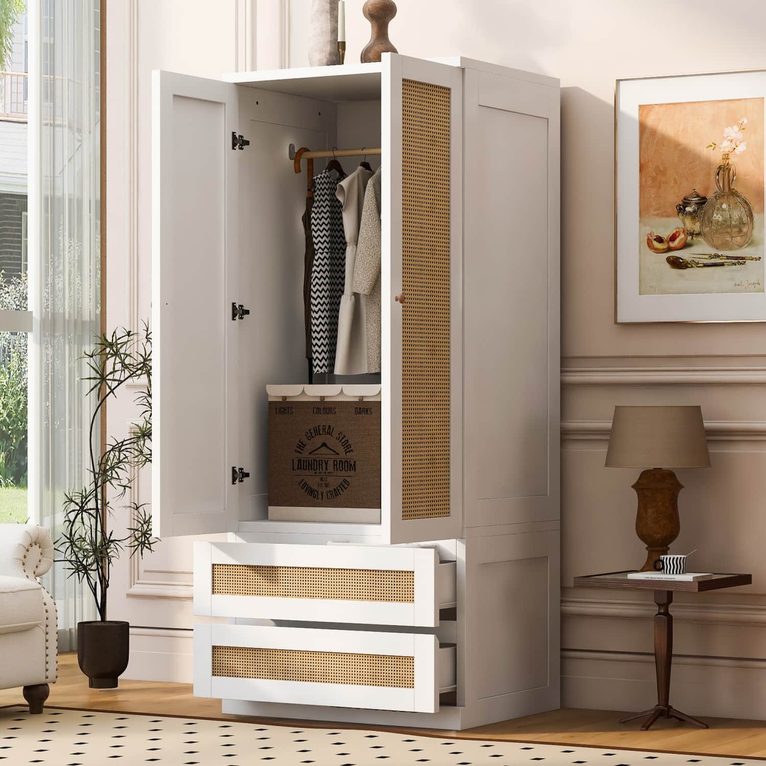 ANYSUN Kleiderschrank Drehtürenschrank 2-türig mit Rattanoptik, 2 Schubladen & Kleiderstange (1-St) Schmaler Garderobenschrank mit Stauraum,platzsparend,70×55×170cm,Weiß