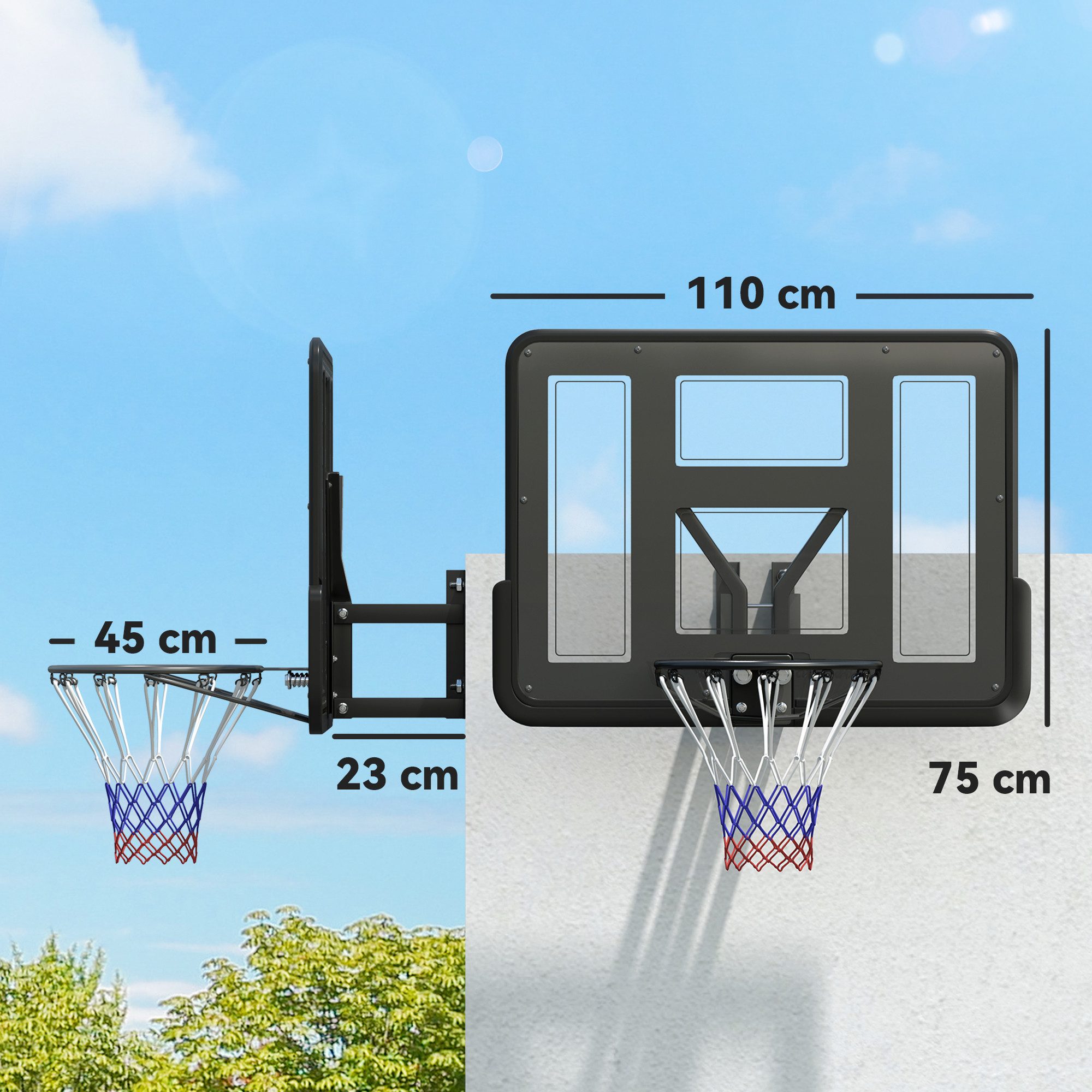 SPORTNOW Basketballständer Wandbefestigter (Basketballkorb, 1-St., Basketball Board), für Erwachsene, für Outdoor & Indoor, Schwarz