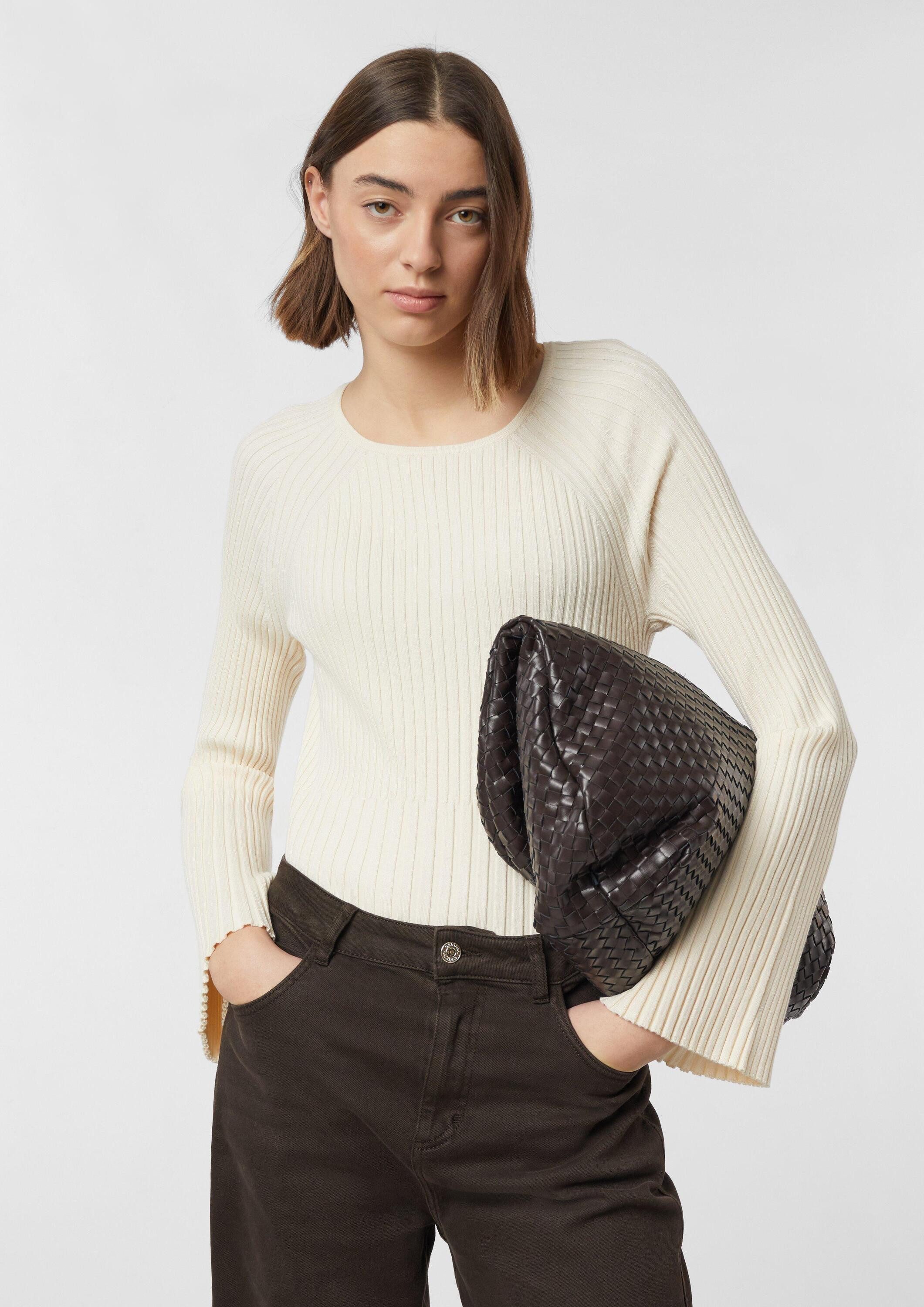 comma Longpullover Strickpullover Rippstrickpullover mit Trompeten-Ärmeln