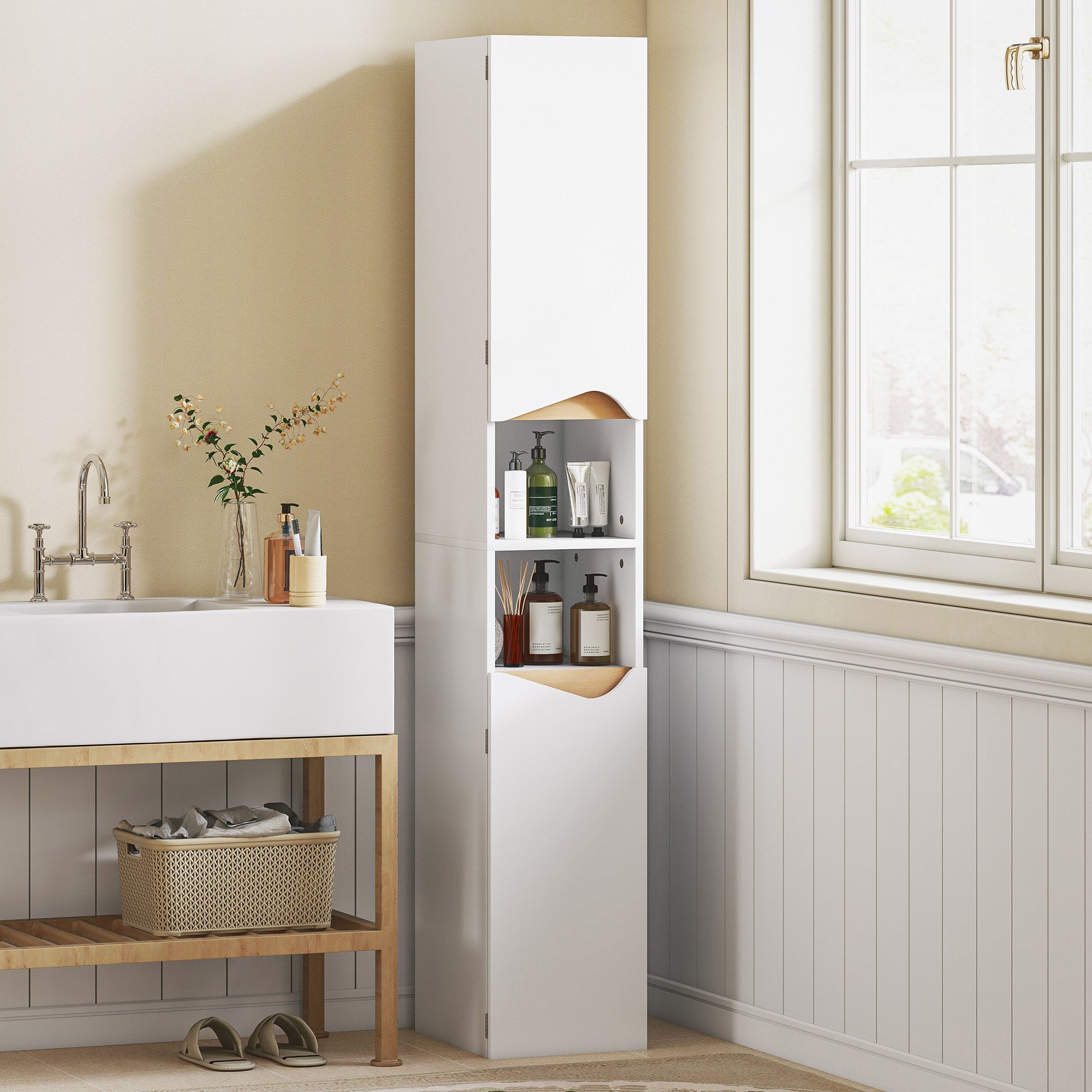 HOMCOM Badkommode Badezimmerschrank Schmal Hochschrank mit 2 Türen, 2 offenen Fächern (Badschrank, 1 St., Schmal Hochschrank), für Badezimmer, Wohnzimmer, Küche 30 x 34,6 x 182 cm Weiß