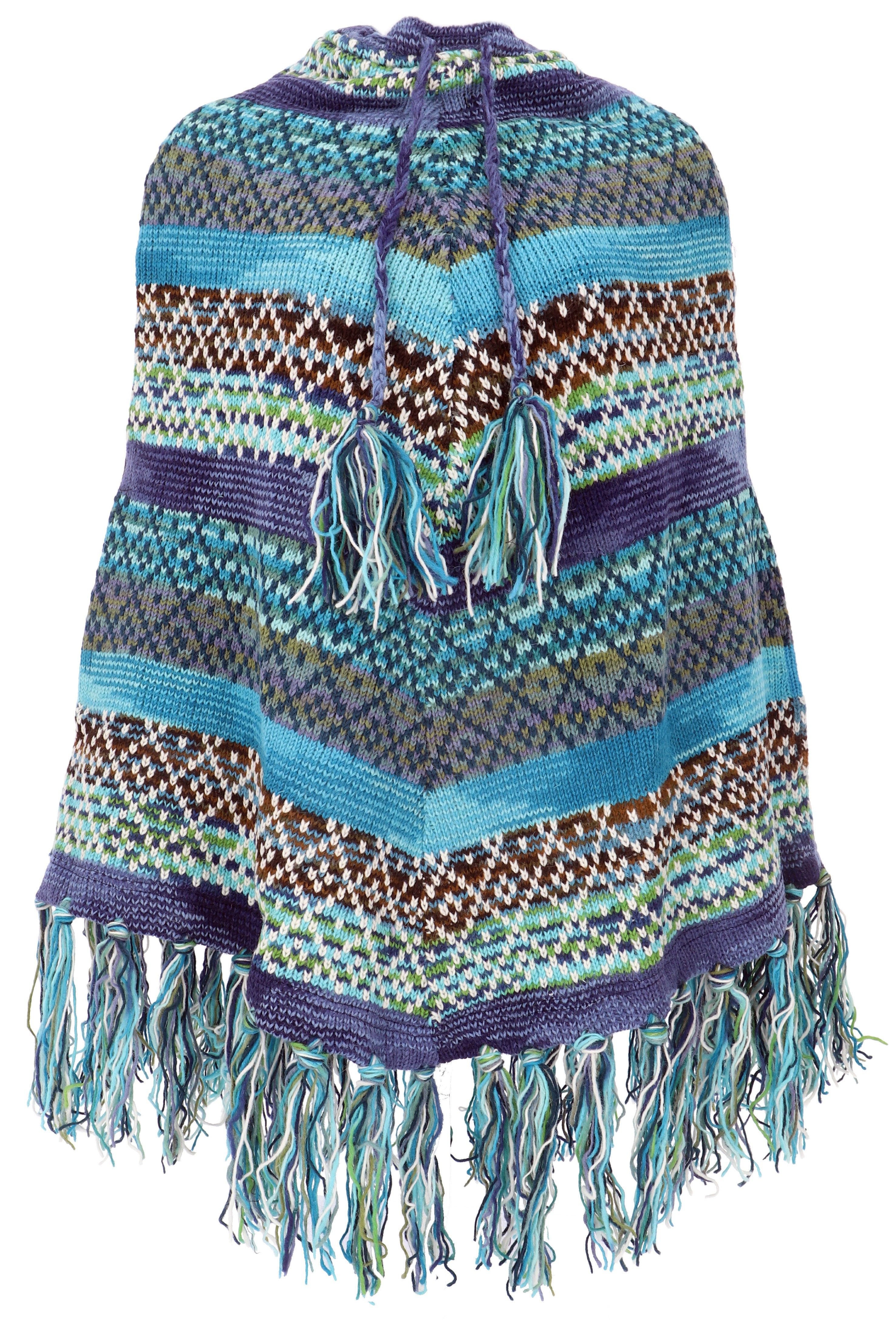Guru-Shop Langjacke Gestrickter Poncho, Wollponcho - blau