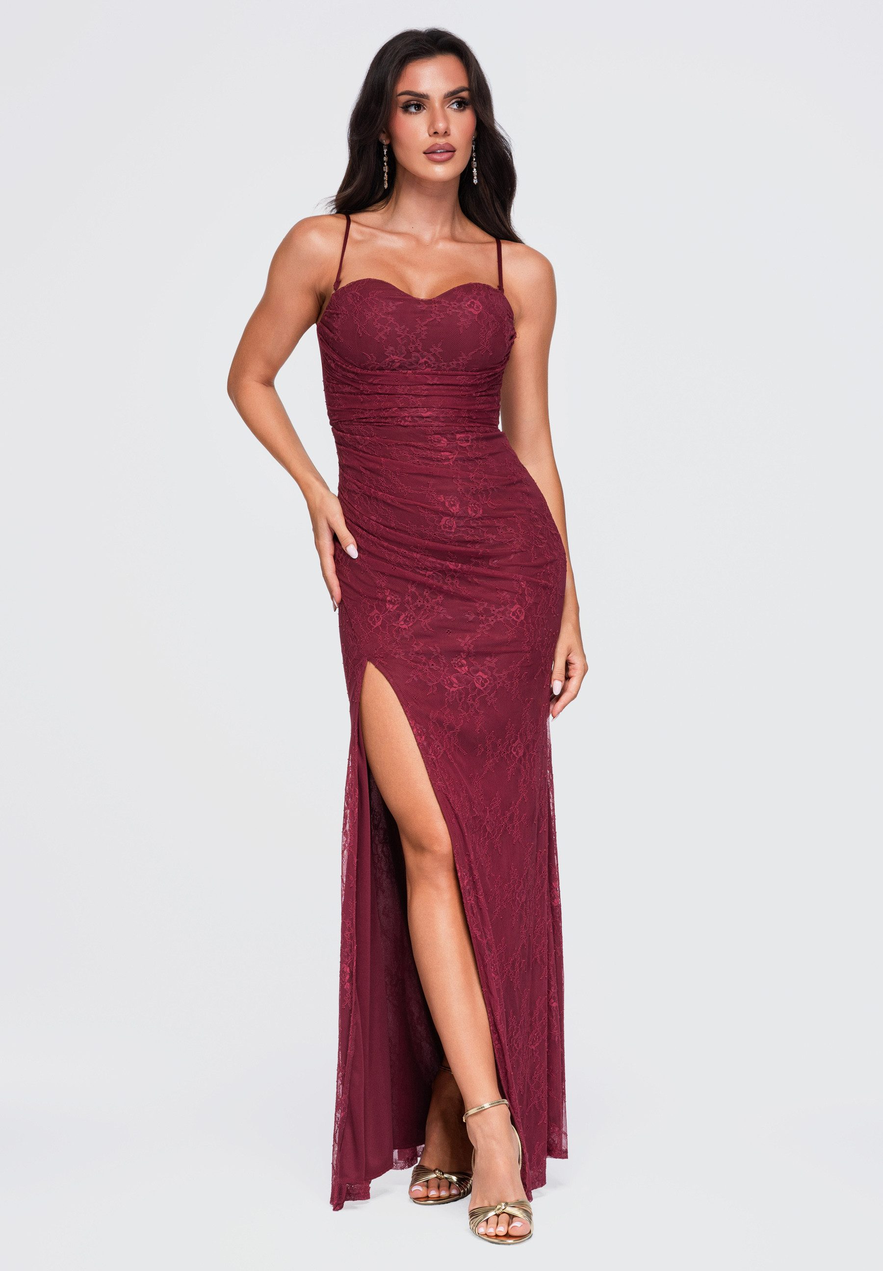 OMBRE Abendkleid Abendkleid mit floralem Spitzenmuster Bordeaux S (kein Set, 1-tlg) mit Alloverdruck