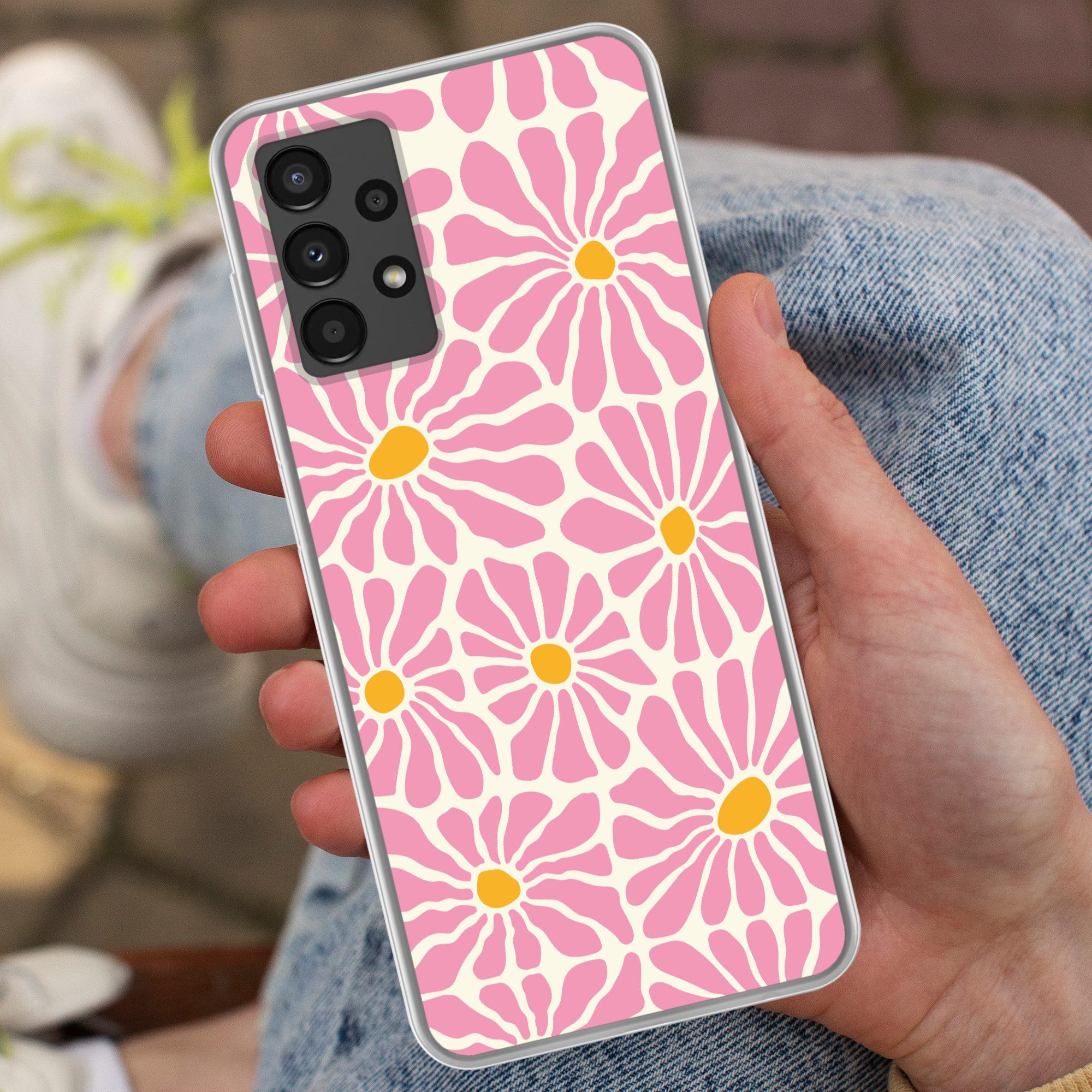 MuchoWow Handyhülle für Samsung Galaxy A13 4G Blumen - Muster - Rosa - Beige - Orange, Smartphone-Bumper, Print, Handy Schutzhülle Dünn