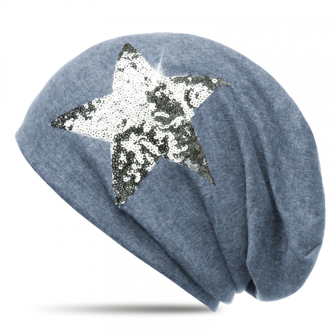 Caspar Beanie MU136 Mütze mit Pailletten Stern und warmem Flanell Stoff jeansblau (meliert)