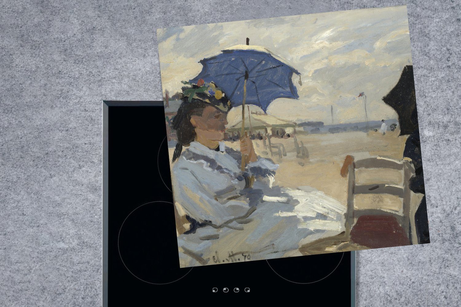 MuchoWow Herdblende-/Abdeckplatte tlg), Der für Strand - von Ceranfeldabdeckung, (1 cm, Claude 78x78 Trouville Monet, küche Vinyl, Arbeitsplatte