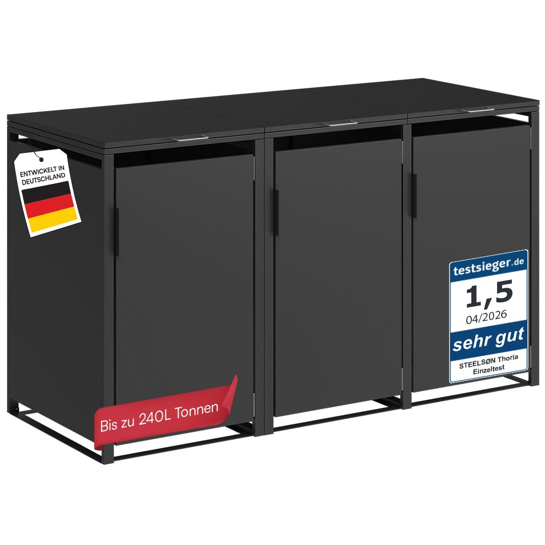 STEELSØN Mülltonnenbox Thoria 240 L aus verzinktem Stahl, Mülltonnenverkleidung (Graphitschwarz, verfügbar mit 1, 2, 3, 4, oder 5 Türen), Für 3 Tonnen