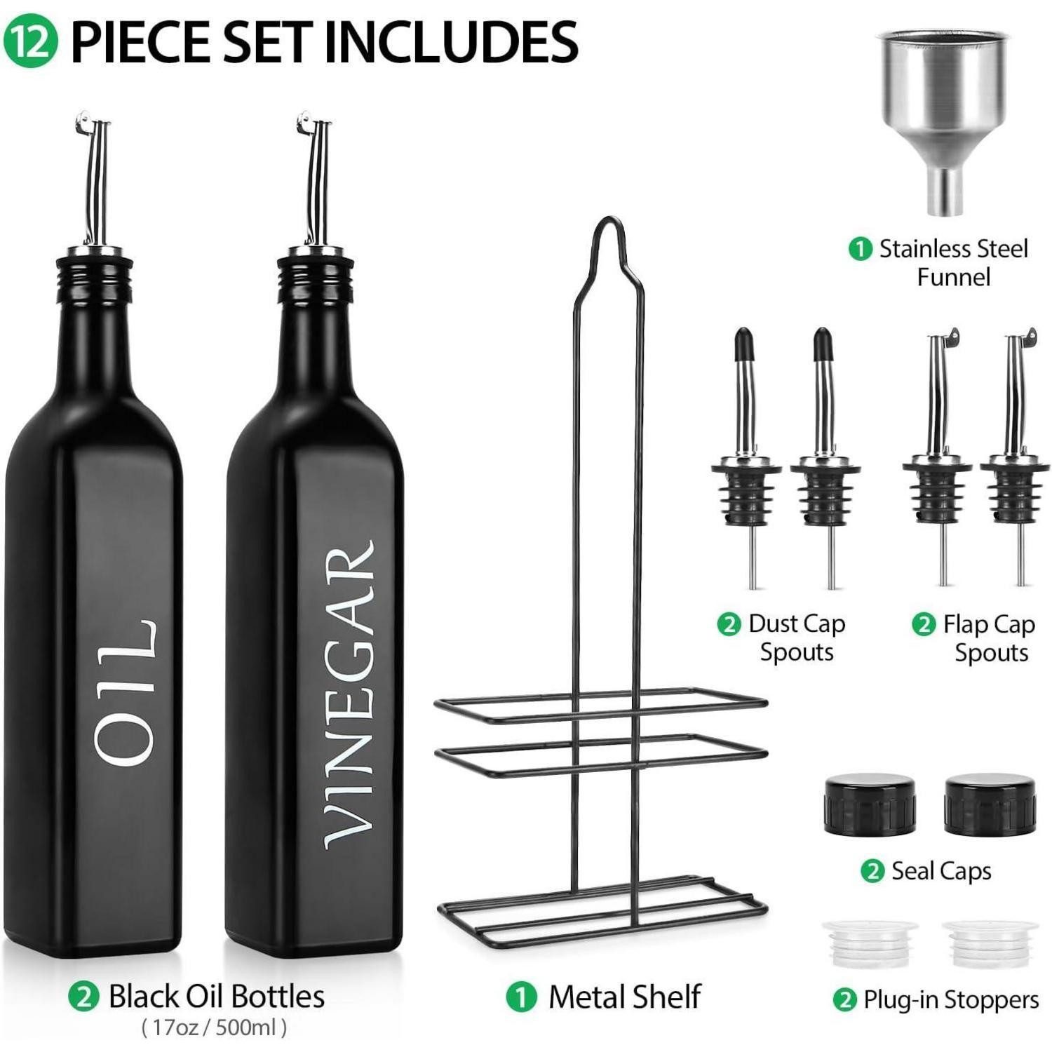 LuxusKollektion Ölspender Öl Essigspender Glas 500ml Caddy Halter Edelstahl 2 Stück Schwarz – Bild 2 von 5