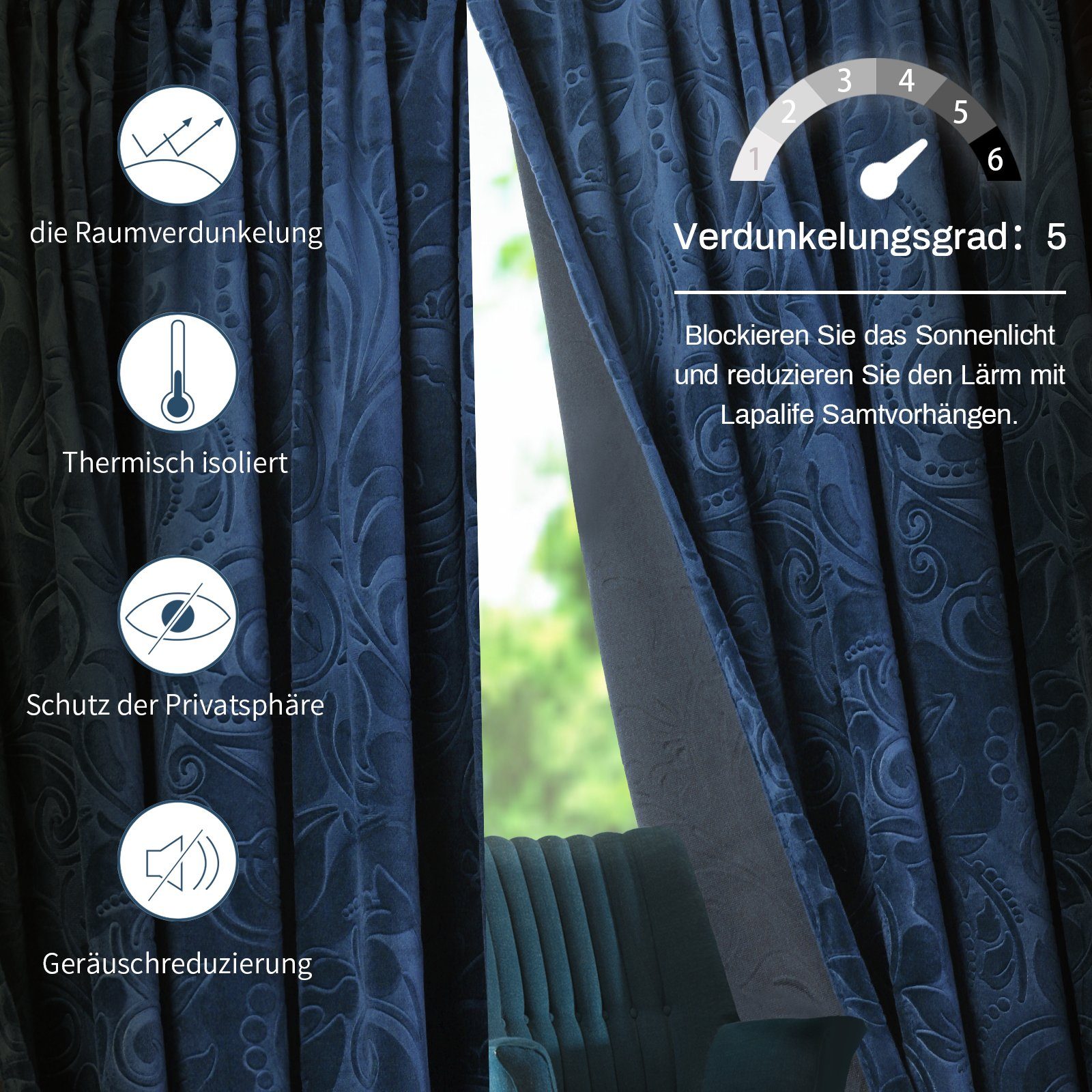 BTTO Vorhang Blickdicht Samtvorhang mit Kräuselband, Verdunklungsvorhänge, 2 St – Bild 5 von 5