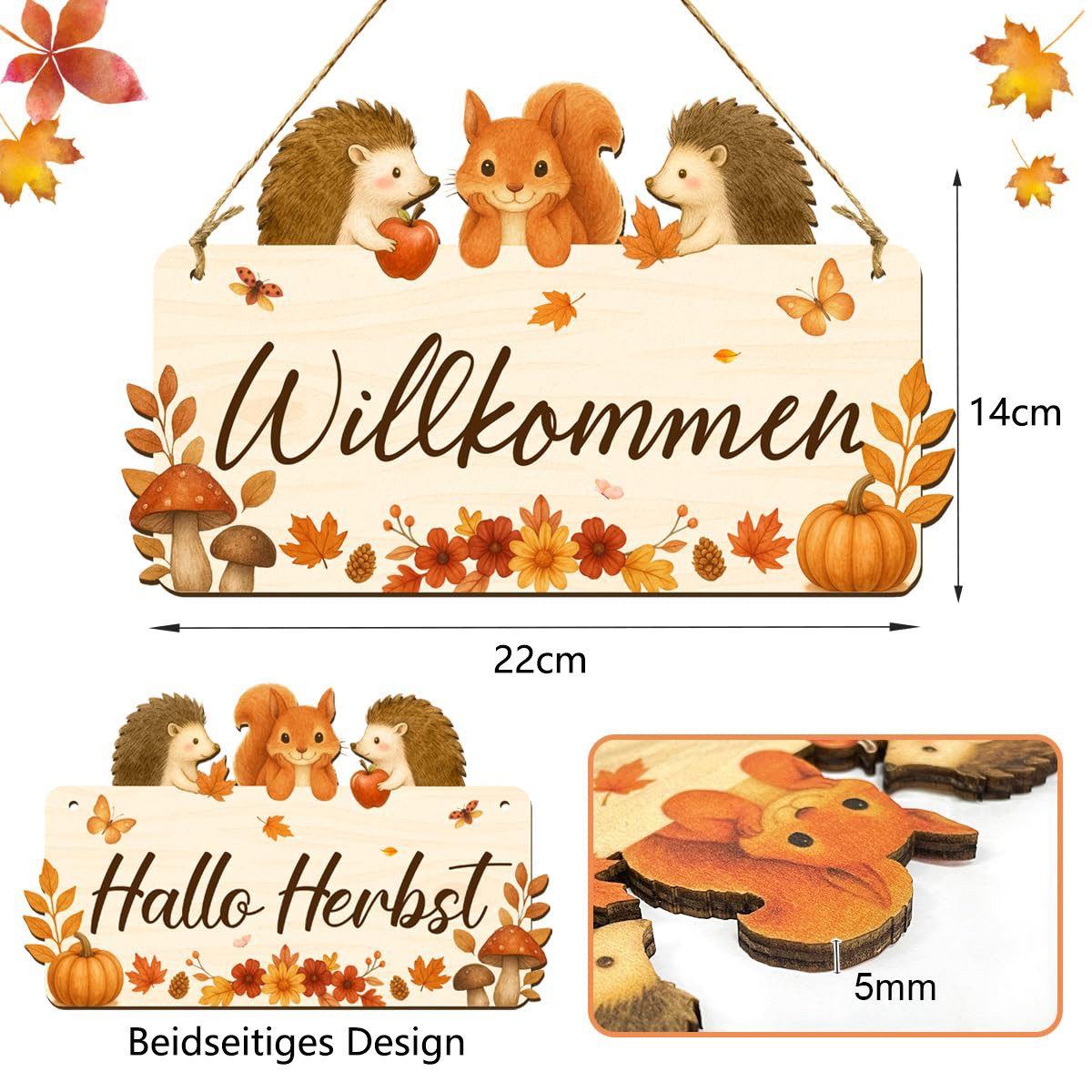 FOUORTUNATE-BEE Hängedekoration Herbst-Türdeko, Holzschild Herzlich Willkommen (beidseitig mit Willkommen & Hallo Herbst, Herbstdekoration für das Erntedankfest – Bild 4 von 5