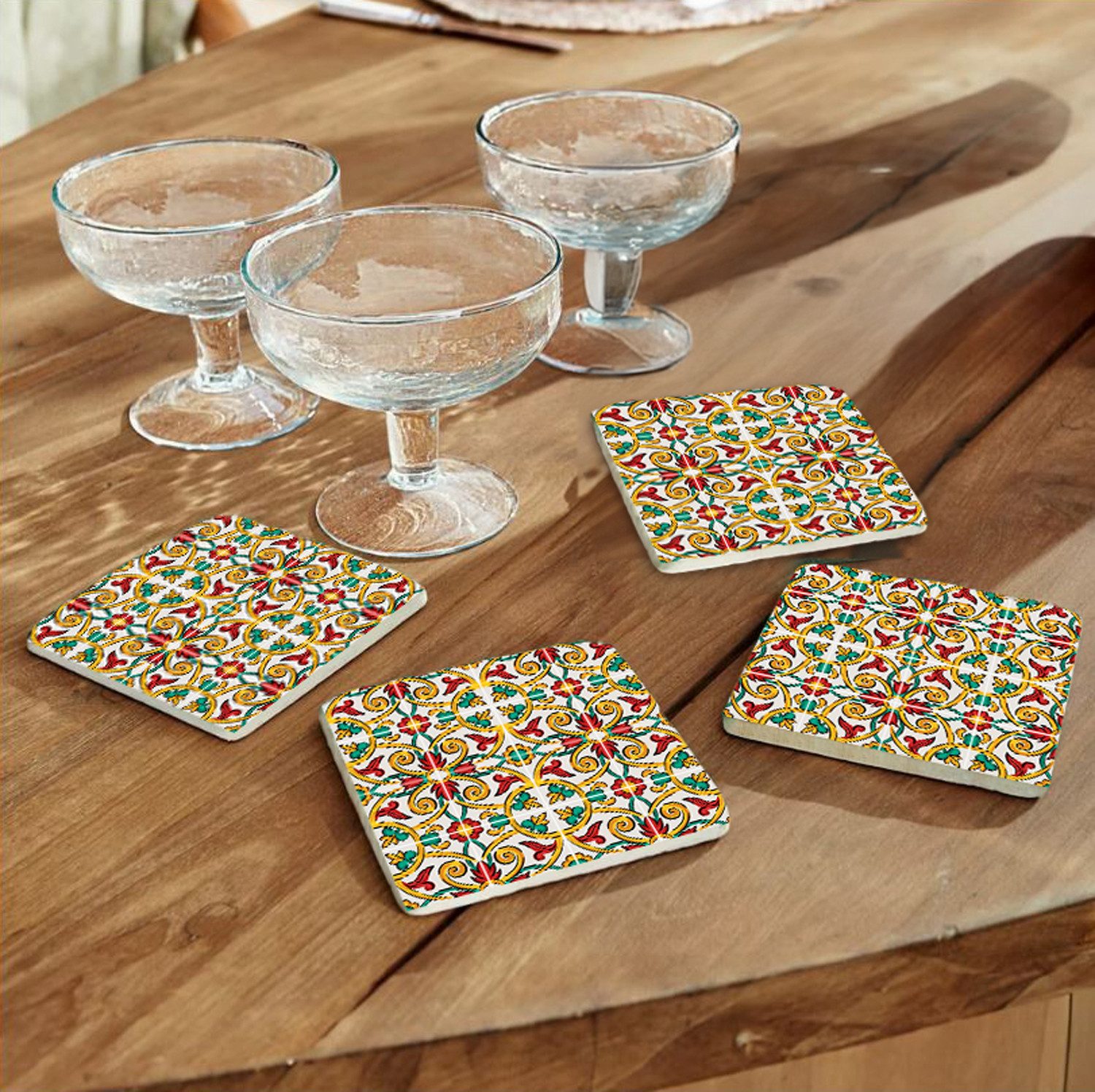 queence Getränkeuntersetzer Bunte Mosaik Fliesen Steine, Set, 4-tlg., Mosaik Set Topfuntersetzer Naturstein Untersetzer 10x10x1cm