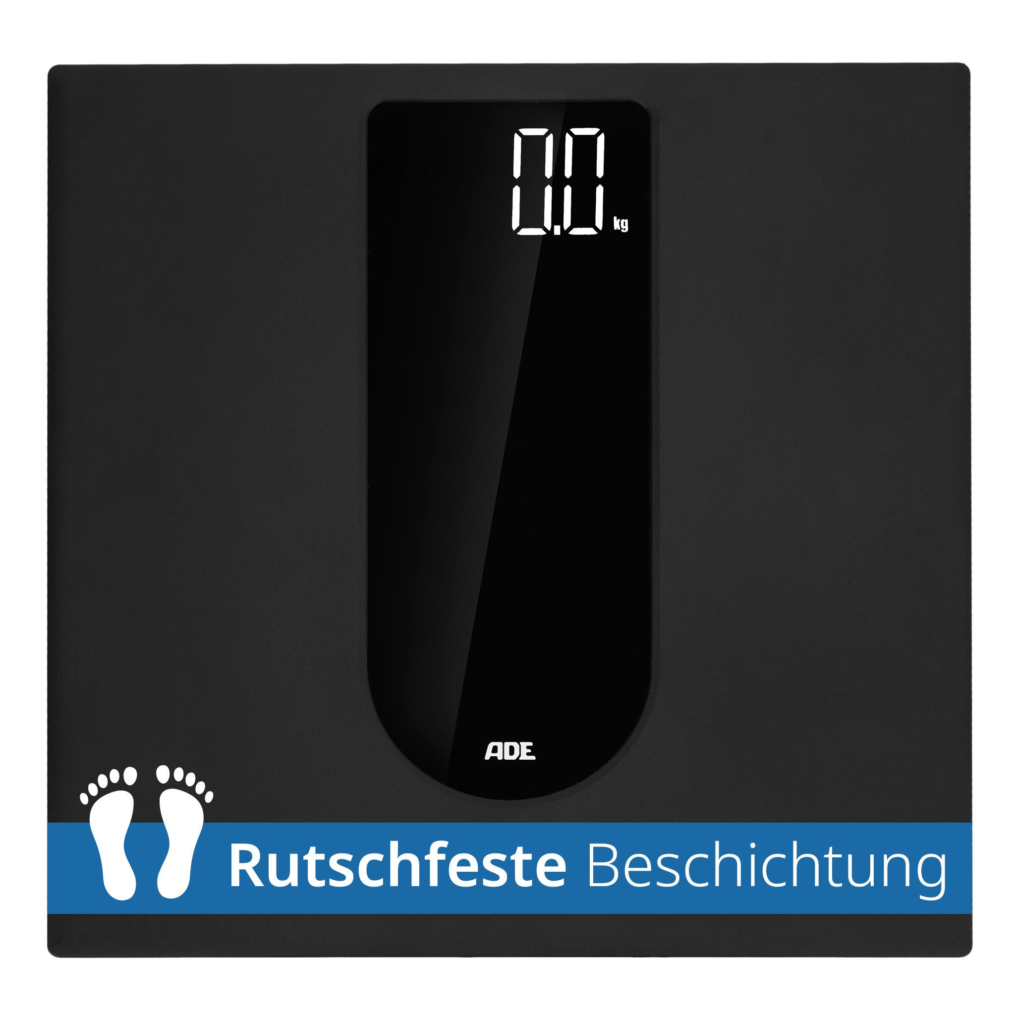 ADE Personenwaage Digitale Körperwaage, rutschfeste Oberfläche, mit Sicherheitsglas, Magic-LED-Display & Tragkraft von 180kg, schwarz