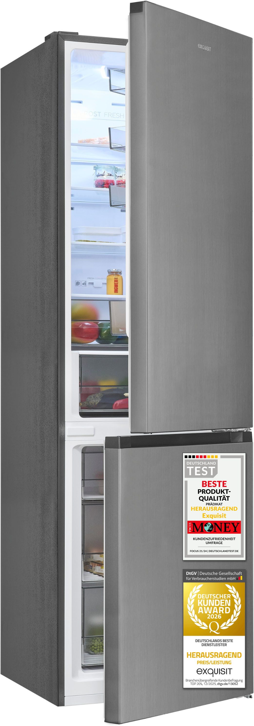 exquisit Kühl-/Gefrierkombination KGC380-115-NF-040C inoxlook, 200,5 cm hoch, 59,5 cm breit, Humidity Box für optimale Feuchtigkeitsregulierung & kein Abtauen mehr