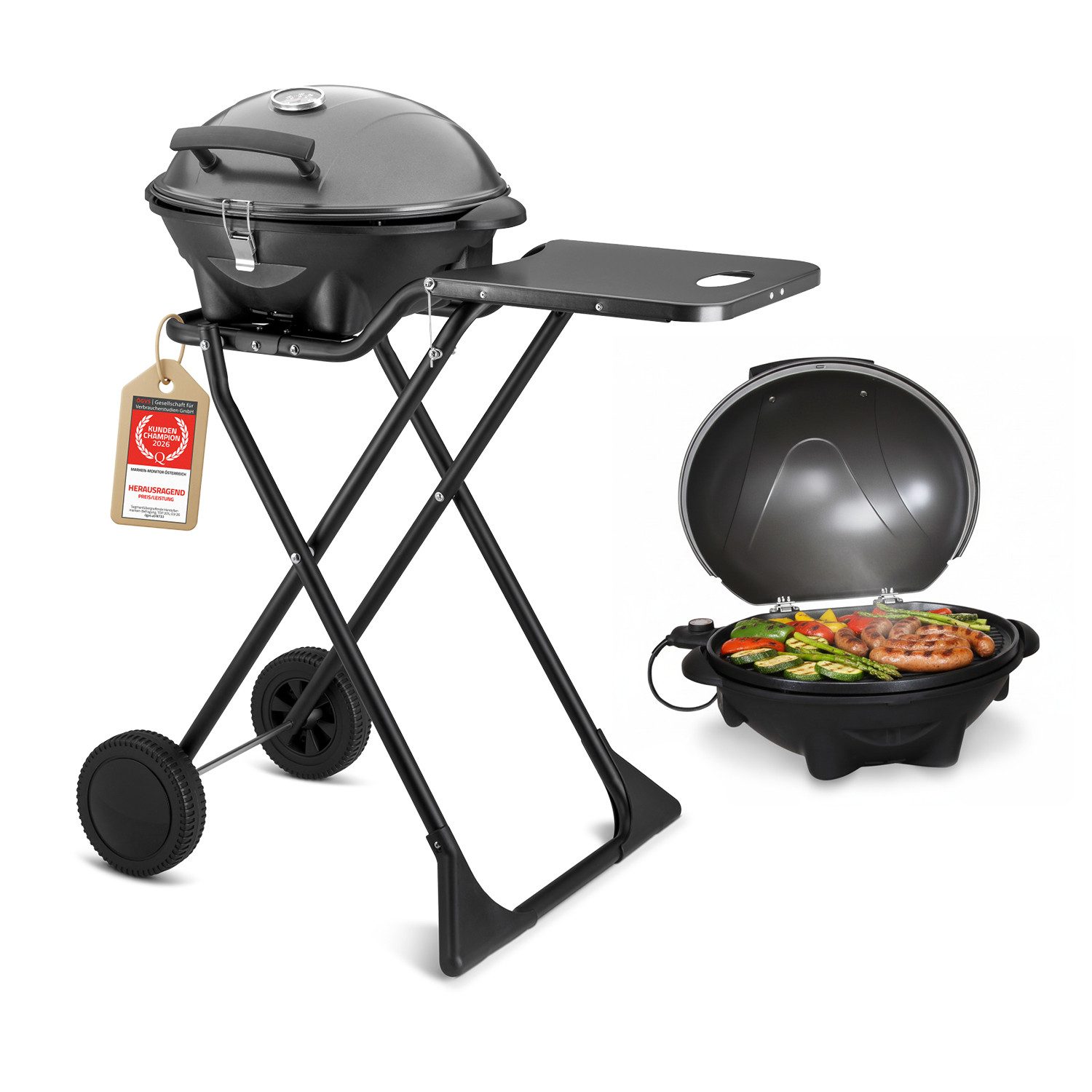 TZS FIRST AUSTRIA Standgrill 2in1 2400W, Elektrisch & Klappbar, Trolley-Grill mit Thermometer, 2400 W, Standgrill mit Windschutzhaube, 2,9m Kabel und Antihaft-Grillplatte