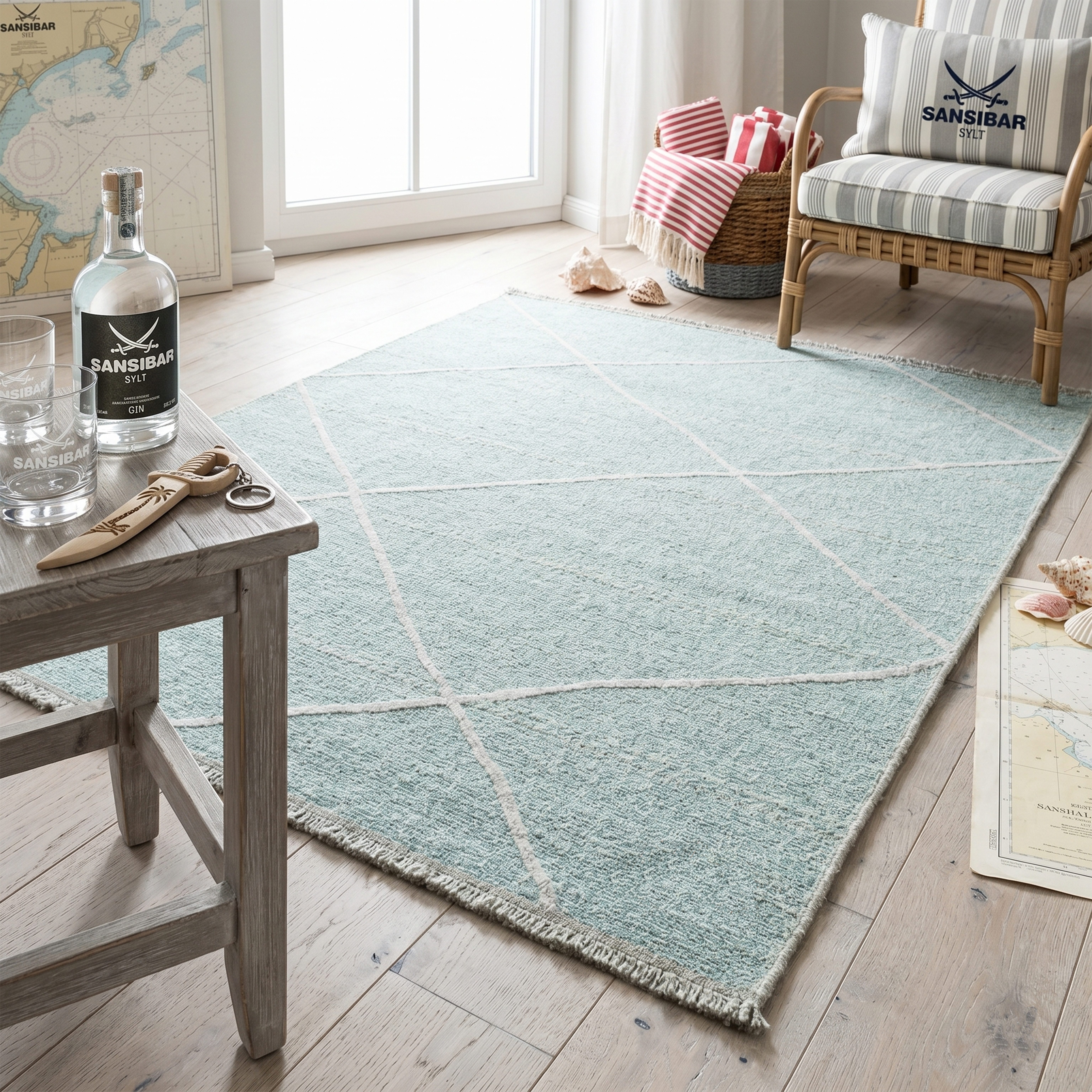 Sansibar Teppich Braderup, rechteckig, Höhe: 2 mm, Flachgewebe, modernes Scandi Design, Motiv Rauten, mit Fransen