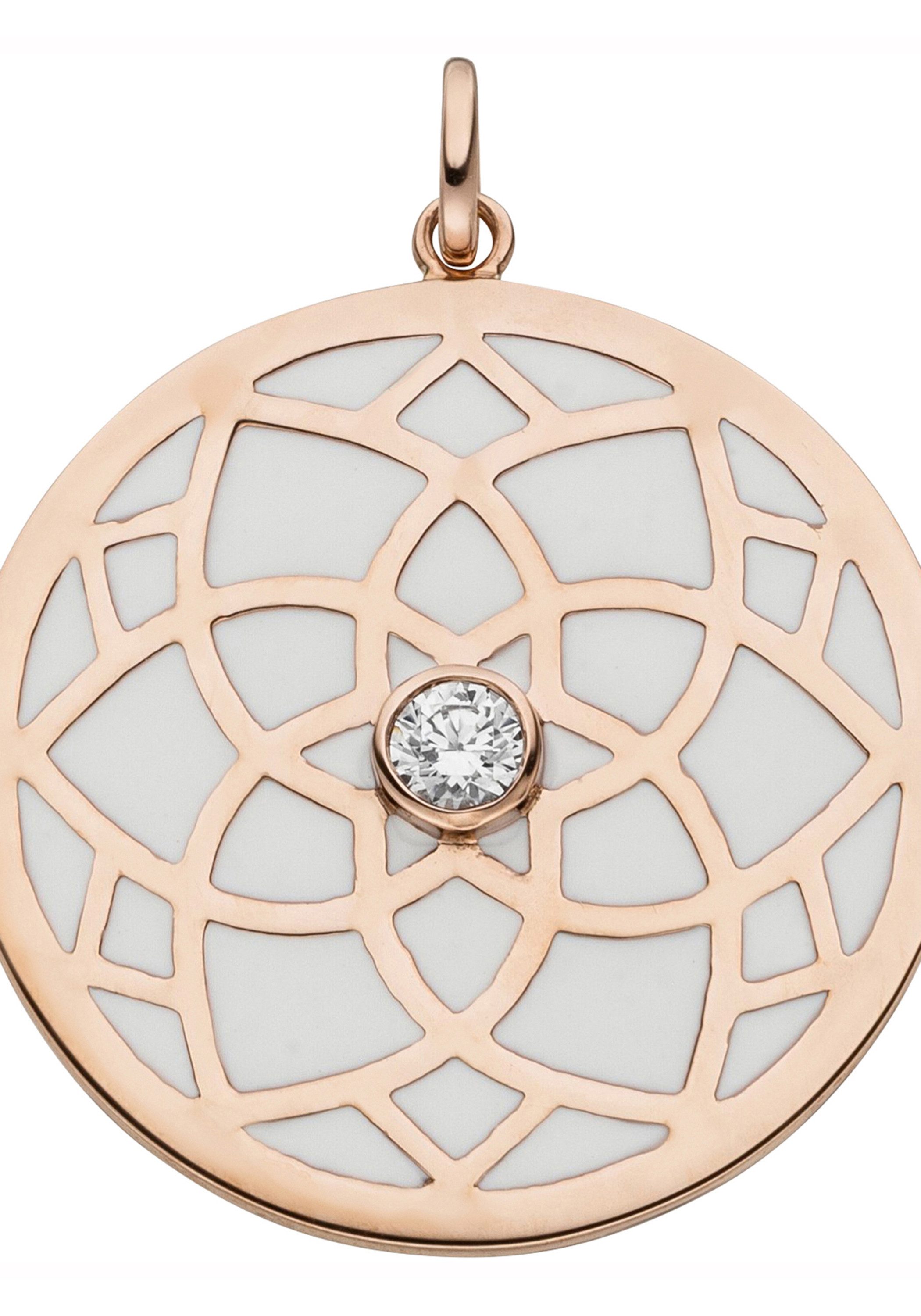 JOBO Kettenanhänger Anhänger rund Ornament 30 mm, 925 Silber roségold vergoldet mit Zirkonia und Emaille