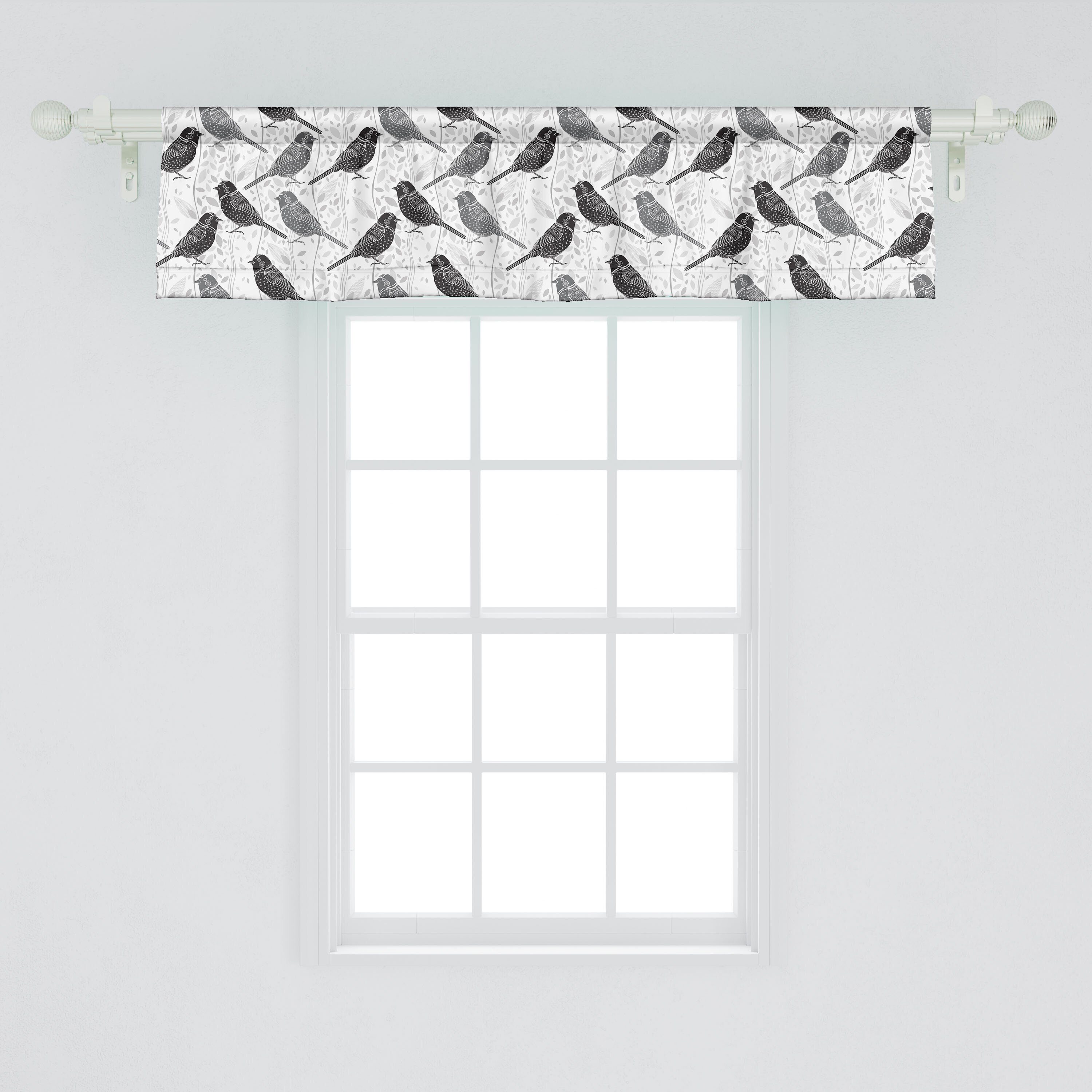 Scheibengardine Vorhang Volant für Küche Stangentasche, Schlafzimmer Abakuhaus, Microfaser, und Vögel Dekor Grau Blumenmuster mit