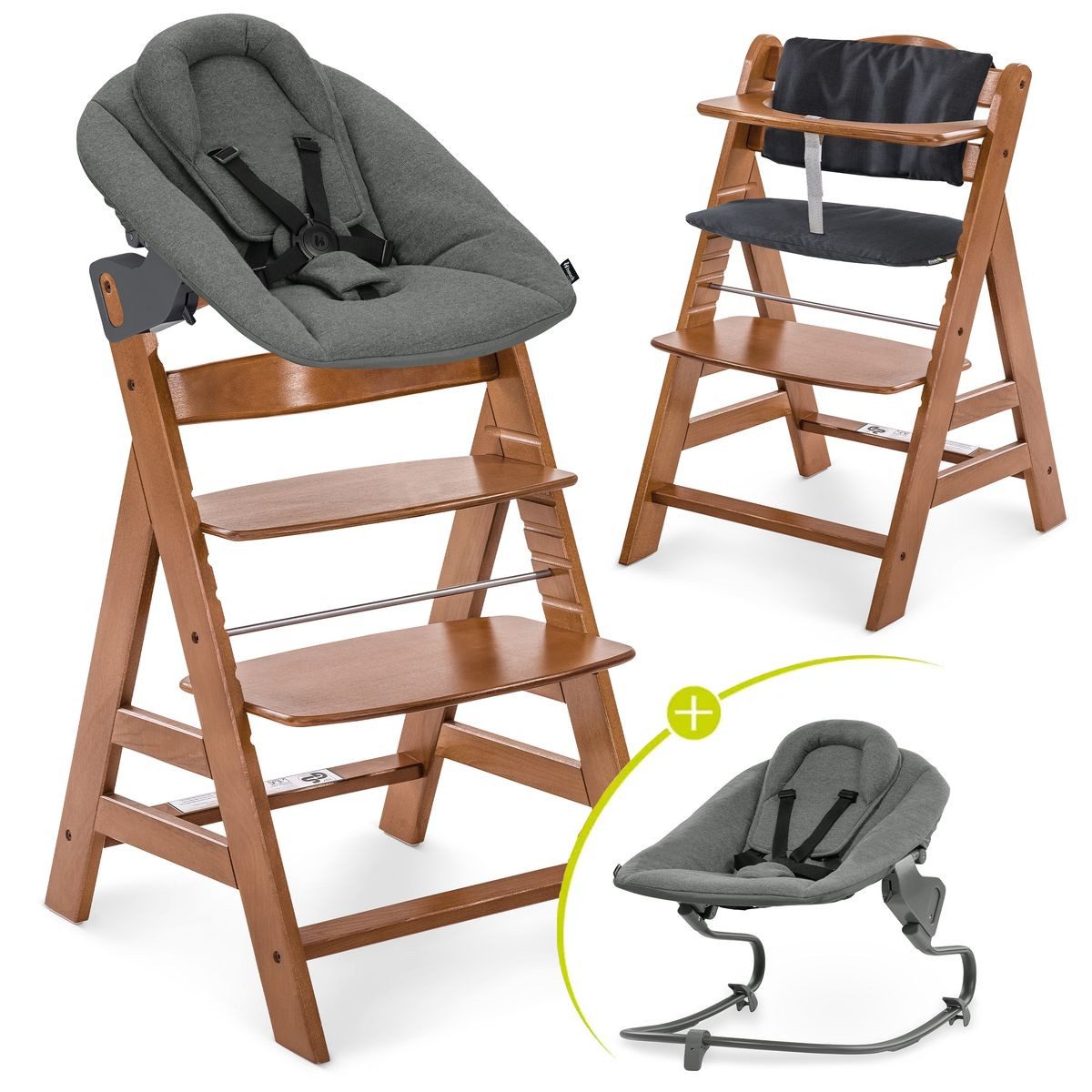Hauck Hochstuhl Alpha Plus Walnut Newborn Set Premium Dark Grey, Holz Babystuhl ab Geburt inkl. Aufsatz für Neugeborene & Sitzauflage