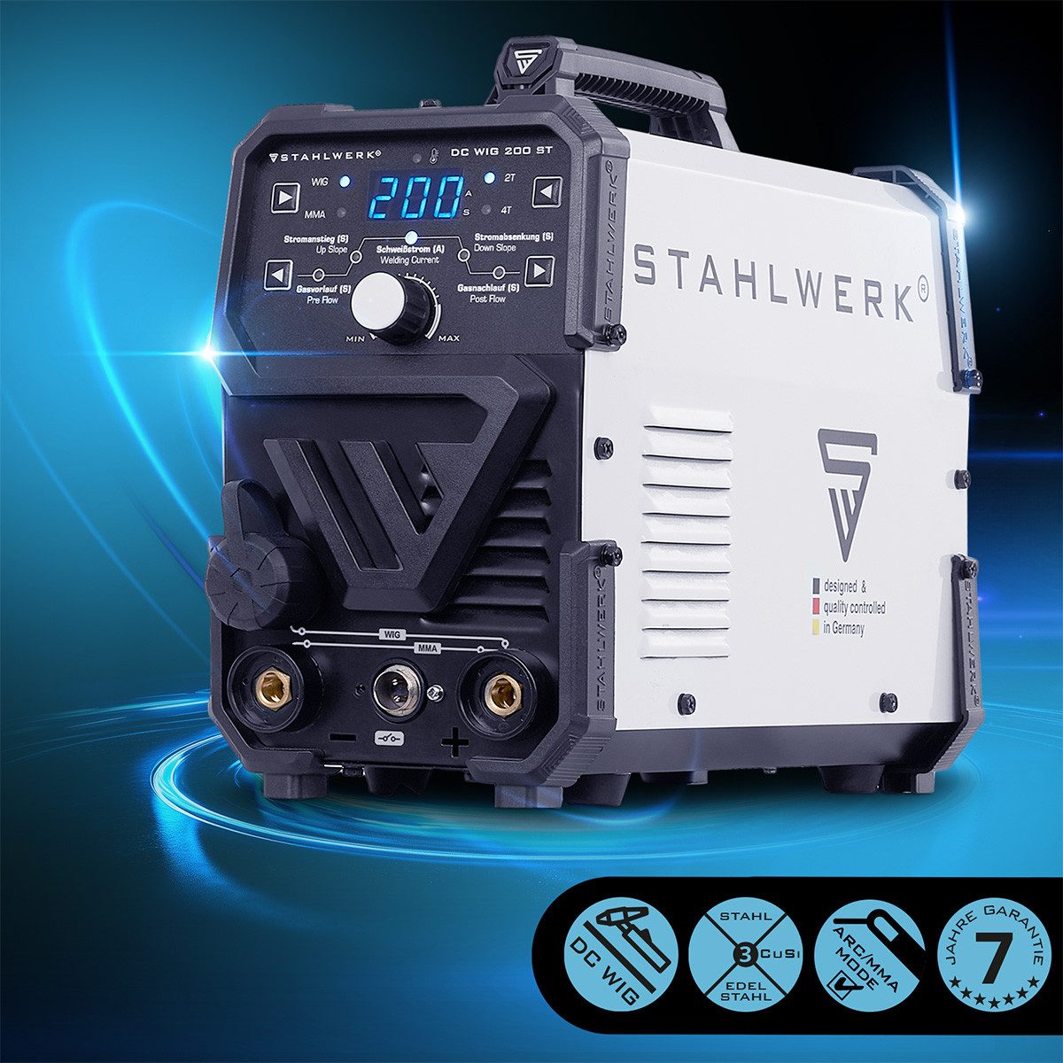 STAHLWERK Inverterschweißgerät DC WIG 200 ST IGBT mit MMA - Vollausstattung, 10 - 200 A, Packung}, 13-tlg., Vollausstattung, Set - Kombi WIG Schweißgerät mit 200 A und MMA