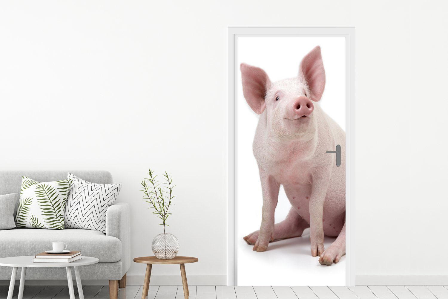 St), Türaufkleber, Schwein Türtapete Matt, (1 Bauernhoftiere Weiß, Fototapete MuchoWow bedruckt, 75x205 - cm für Tür, -