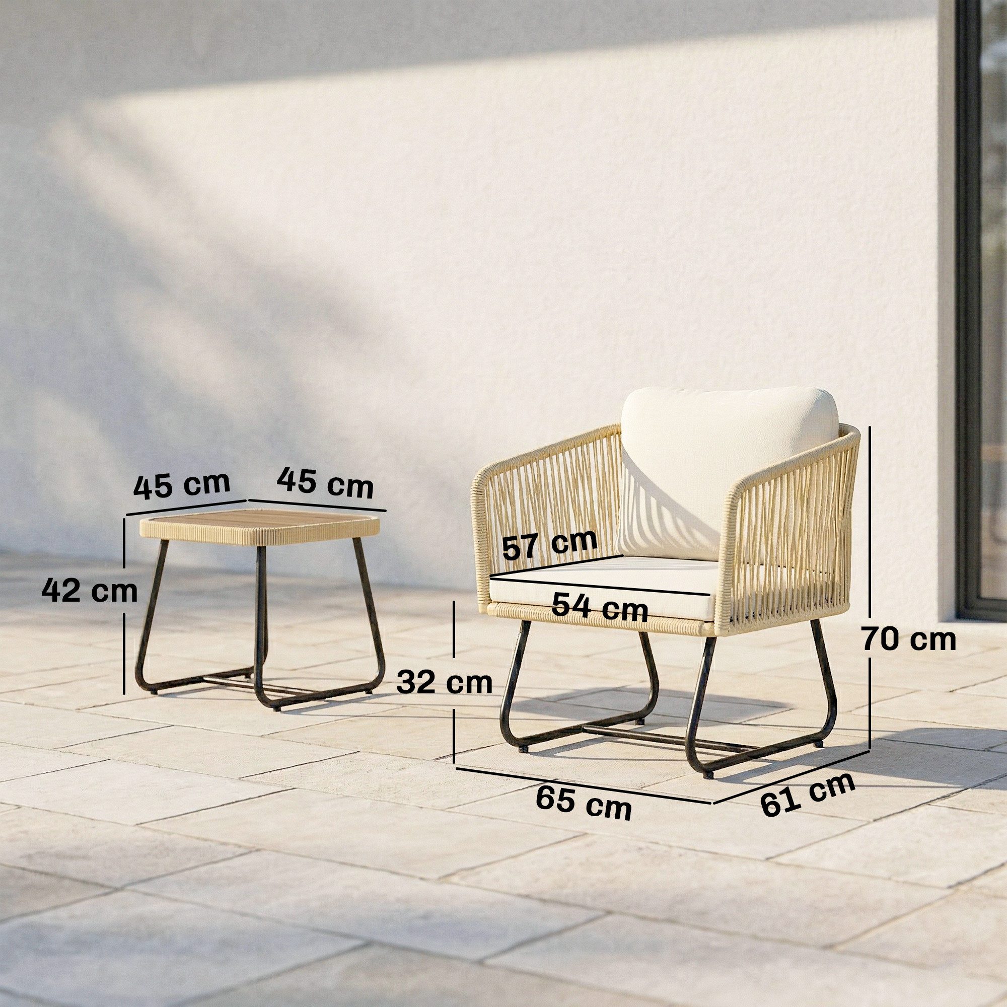 Outsunny Sitzgruppe mit 2 Sessel, Lamell-Holztisch, dicke waschbare Kissen, Stahlrahmen, (Gartenmöbel-Set, 3-tlg., Rattan Bistroset), für Garten, Terrasse Cremeweiß