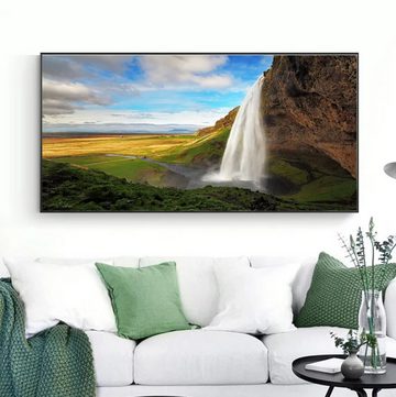 TPFLiving Kunstdruck (OHNE RAHMEN) Poster - Leinwand - Wandbild, Island-Wasserfall gemaltes Himmel-Klippen-Leinwandgemälde (Leinwandbild XXL), Farben: Weiß, Blau, Grün, Gelb, Braun, Schwarz -Größe: 20x40cm