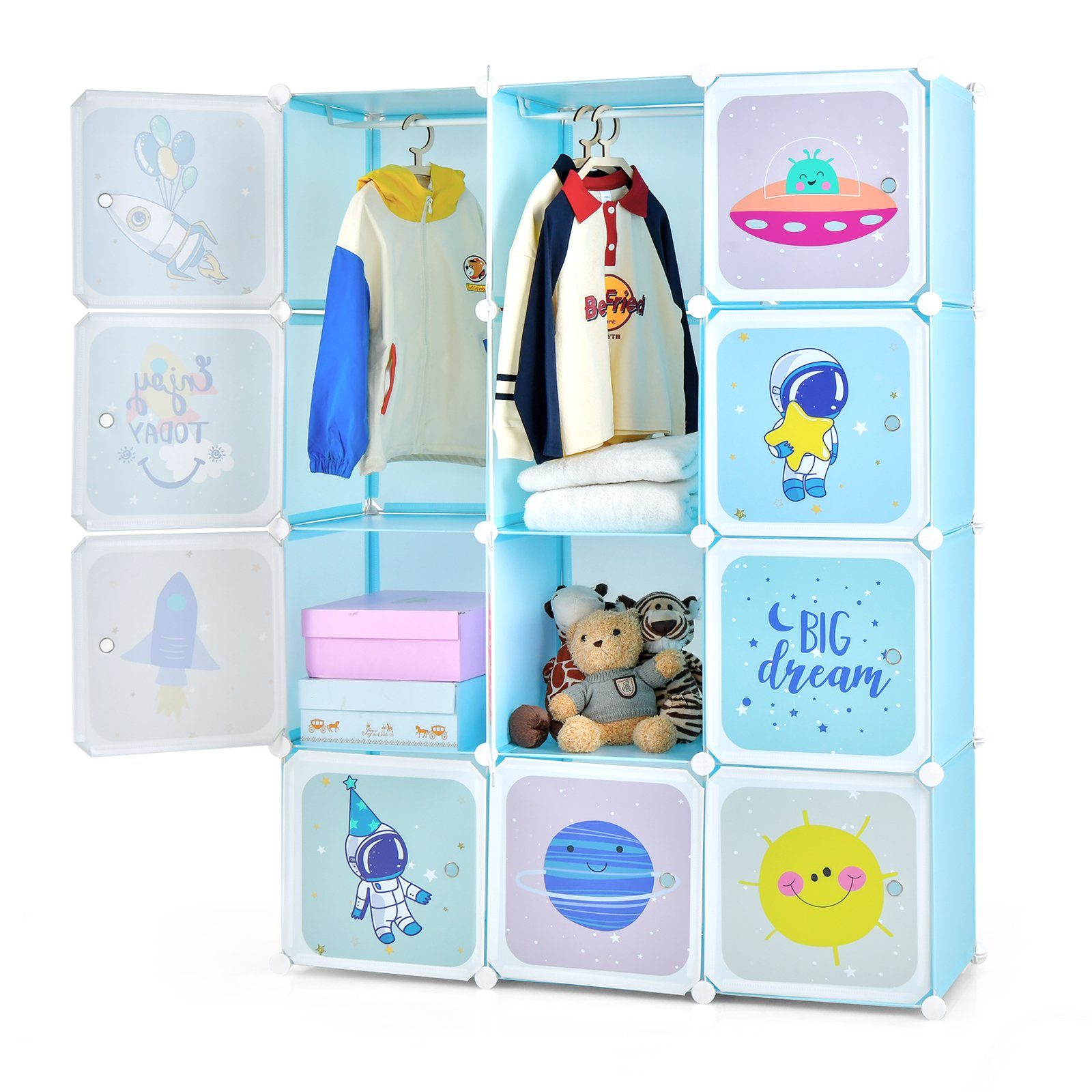 COSTWAY Kinderkleiderschrank mit 12 Würfeln & 2 Aufhänger, Kunststoff, DIY