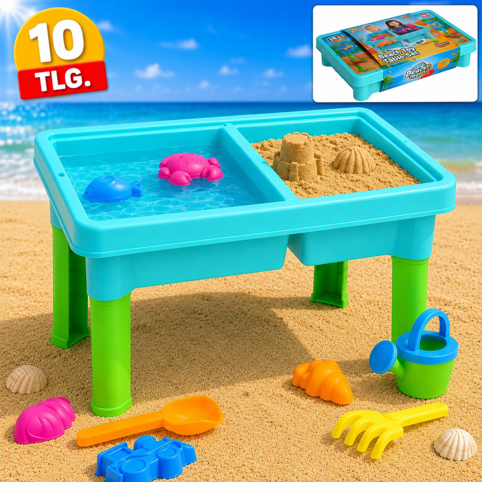 Koopman Wasserspieltisch Sandtisch 43x29x25cm 10 Tlg. Bunt, (Set, 10-tlg., Packung), 43x29x25cm, Inkl. Sandformen, 10tlg, 2 Spielwannen, Leichtgewichtig