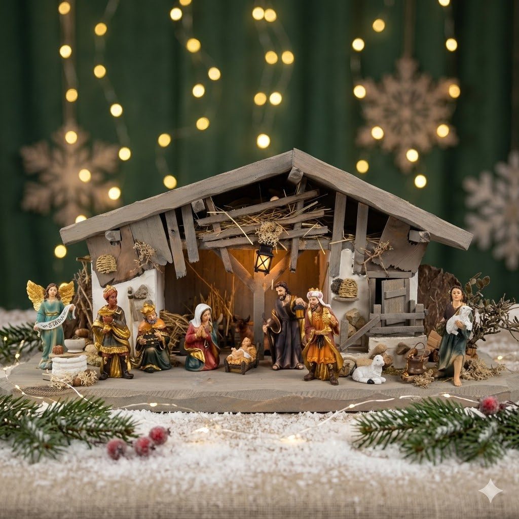 Krippenursel Krippe Weihnachtskrippe Breitenbrunn inkl. 11-tlg. Figurensatz K 604 (12-tlg), Handbemalte Figuren