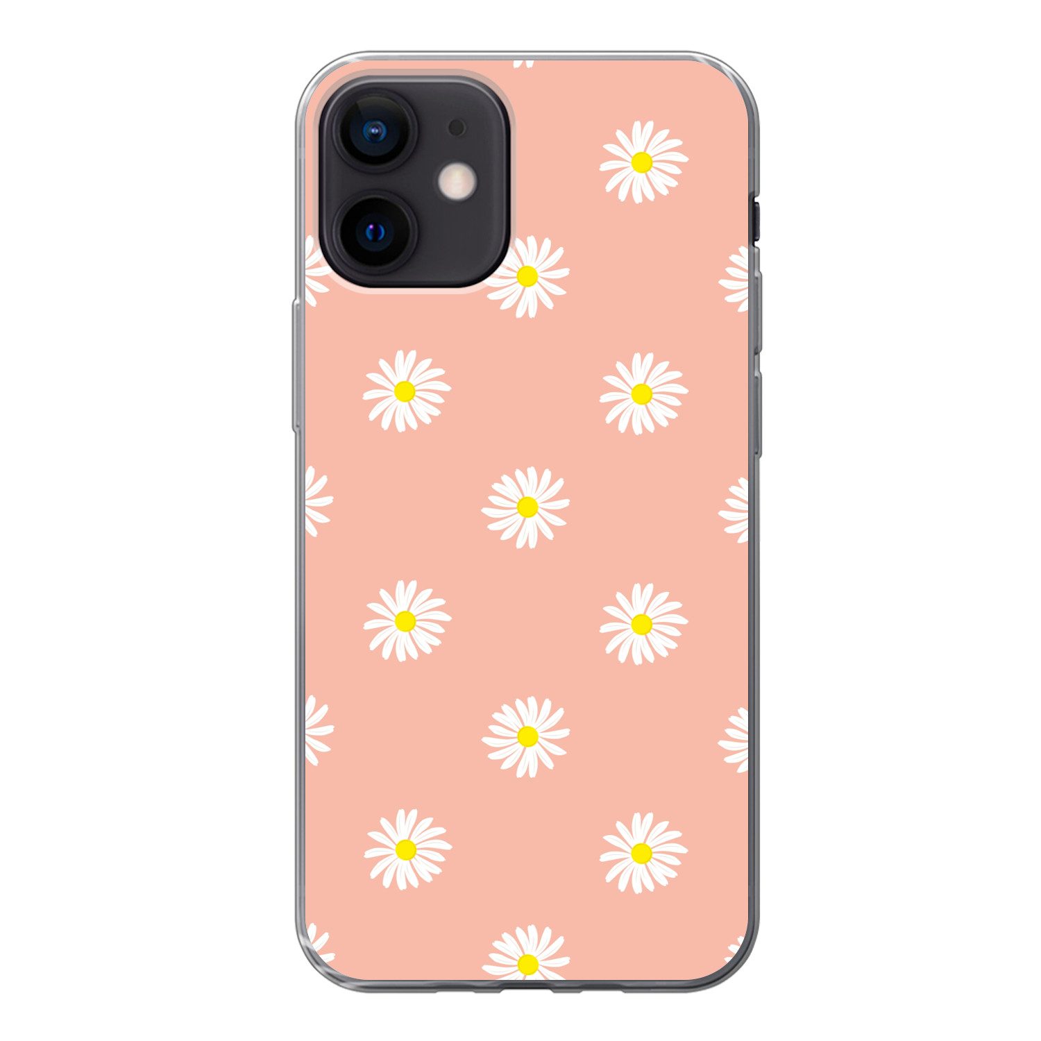 MuchoWow Handyhülle für Apple iPhone 12 Gänseblümchen - Pastell - Weiß - Rosa - Blumendruc, Smartphone-Bumper, Print, Handy Schutzhülle Dünn