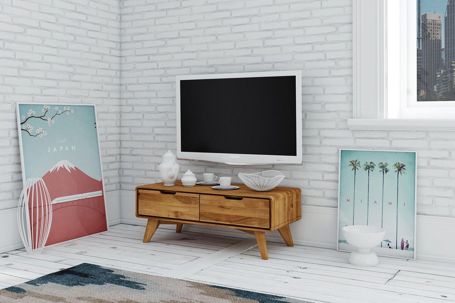 Natur24 Lowboard TV-Board Gerg Wildeiche massiv 90x40x33cm mit 2 Schubladen