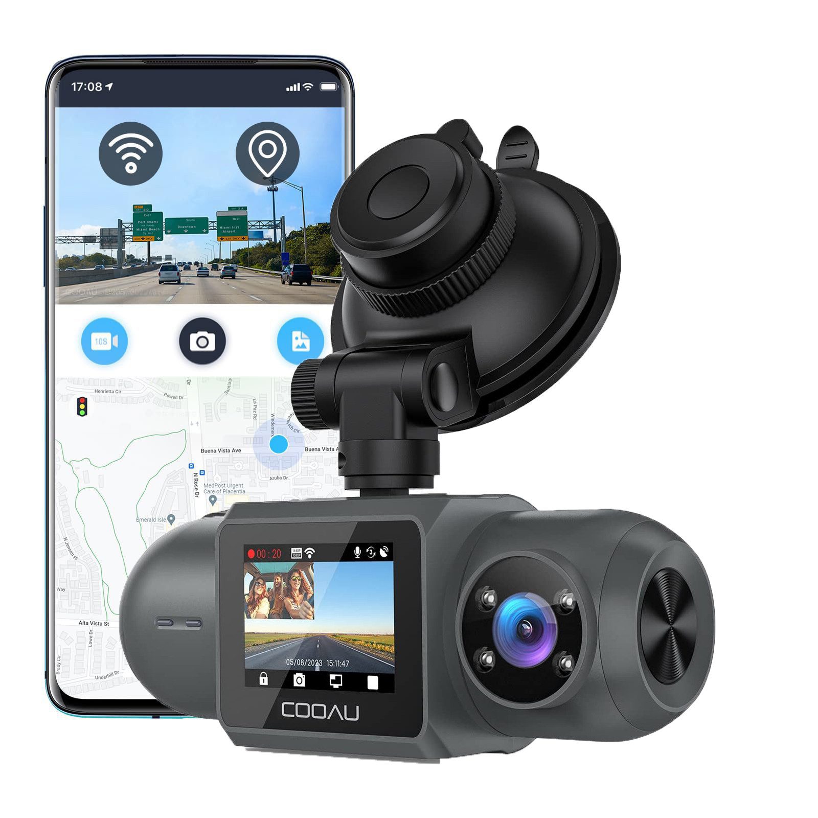 COOAU Vorne Innen Dashcam Auto WiFi Autokamera mit GPS & Ultra Nachtsicht Dashcam (HD, WLAN (Wi-Fi), Volles 6G + 1iR-Objektiv,Superkondensator, 4 IR-LEDs, APP-Verbindung, mit Loop-Recordning, G-Sensor-Erkennung, und 24-Stunden Parkmonitor)