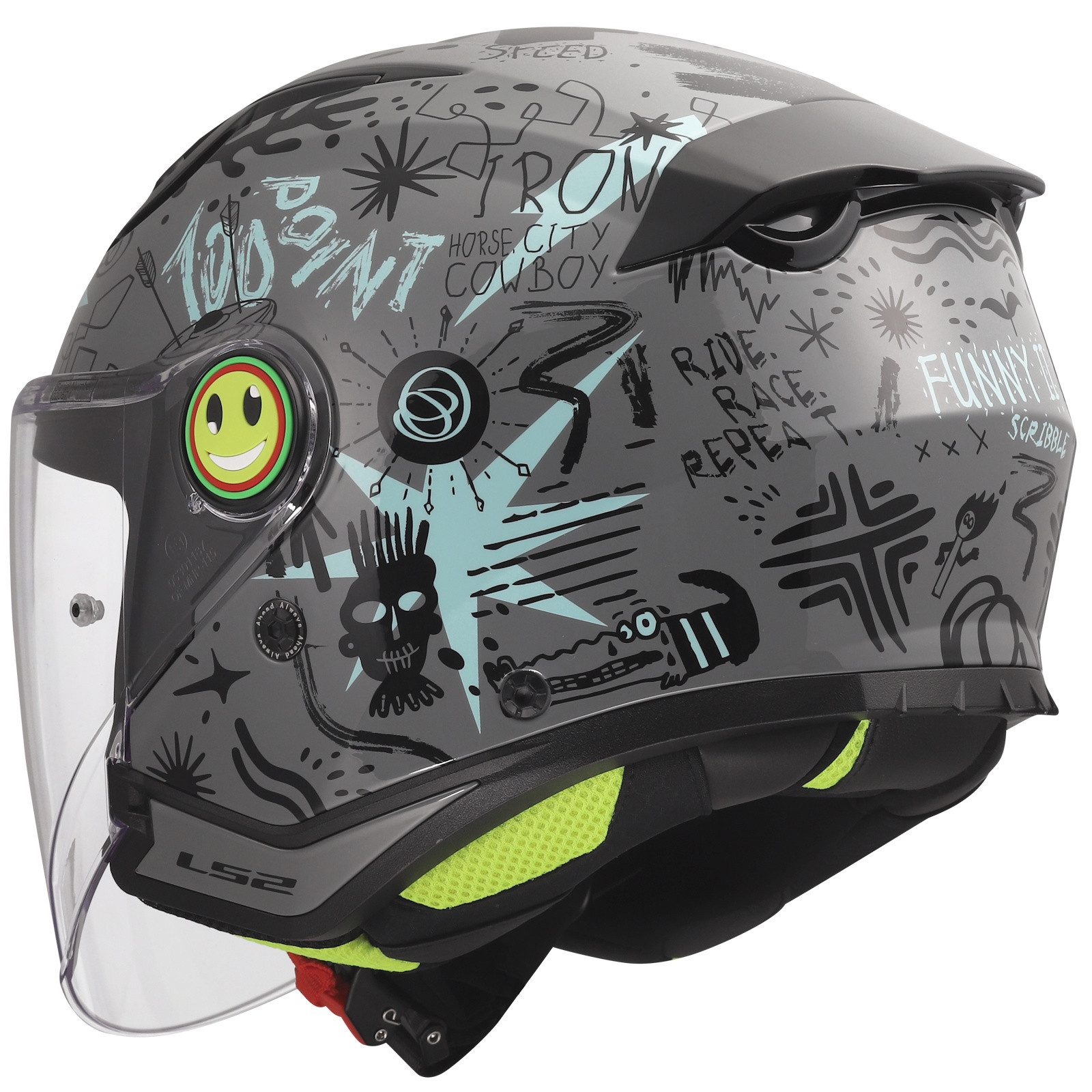 LS2 Motorradhelm LS2 OF622 Funny II Scribble Kinderhelm Grau / Blau M (1er Set), motorradhelm kinder