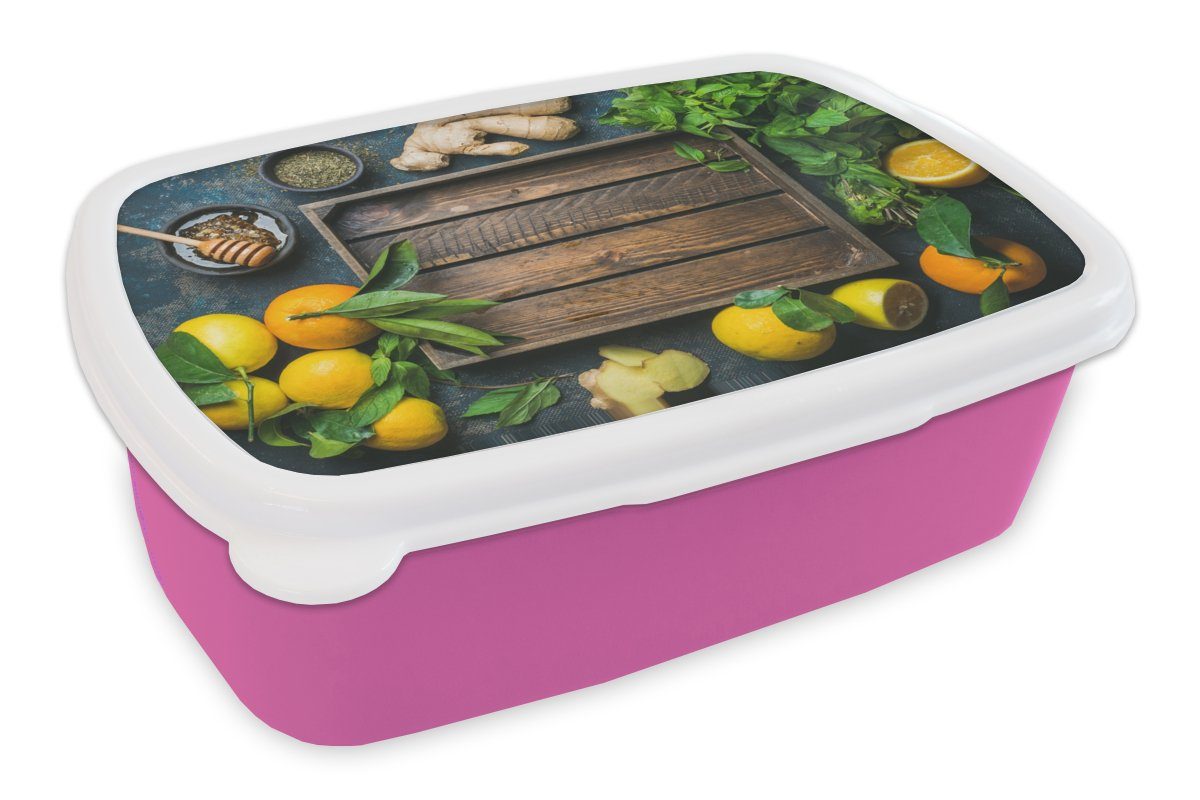 MuchoWow Lunchbox Obstkiste - Zitrone, Kunststoff, (2-tlg), Brotbox für Erwachsene, Brotdose Kinder, Snackbox, Mädchen, Kunststoff rosa | Lunchboxen