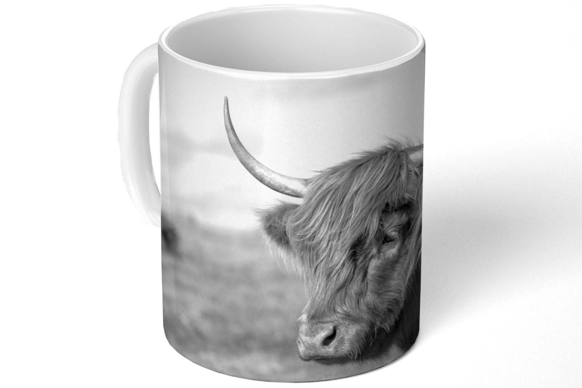 MuchoWow Tasse Schottischer Highlander - Weiß, - Schwarz Kaffeetassen, Keramik, Geschenk Teetasse, Tiere Becher, Teetasse, 