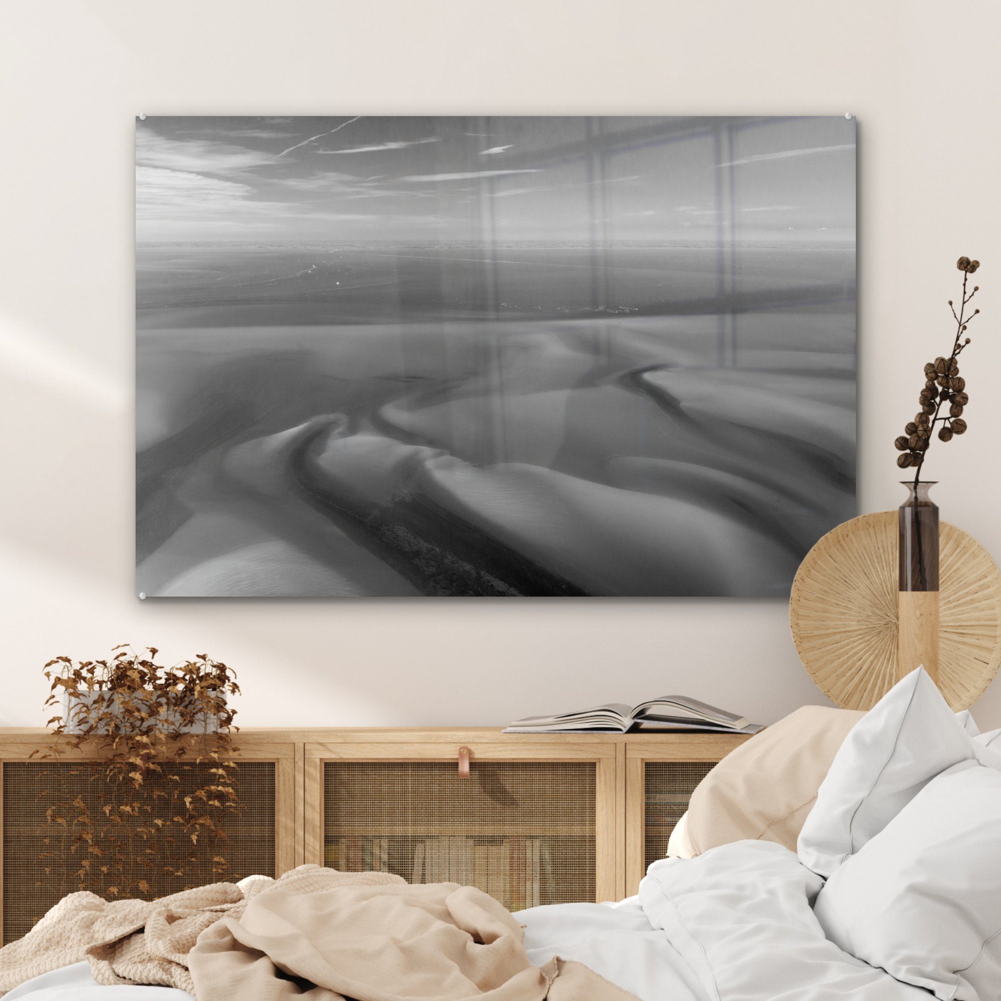 Wohnzimmer MuchoWow Wattenmeeres schwarz-weiß, Acrylglasbild - Luftaufnahme des (1 Schlafzimmer St), & Acrylglasbilder