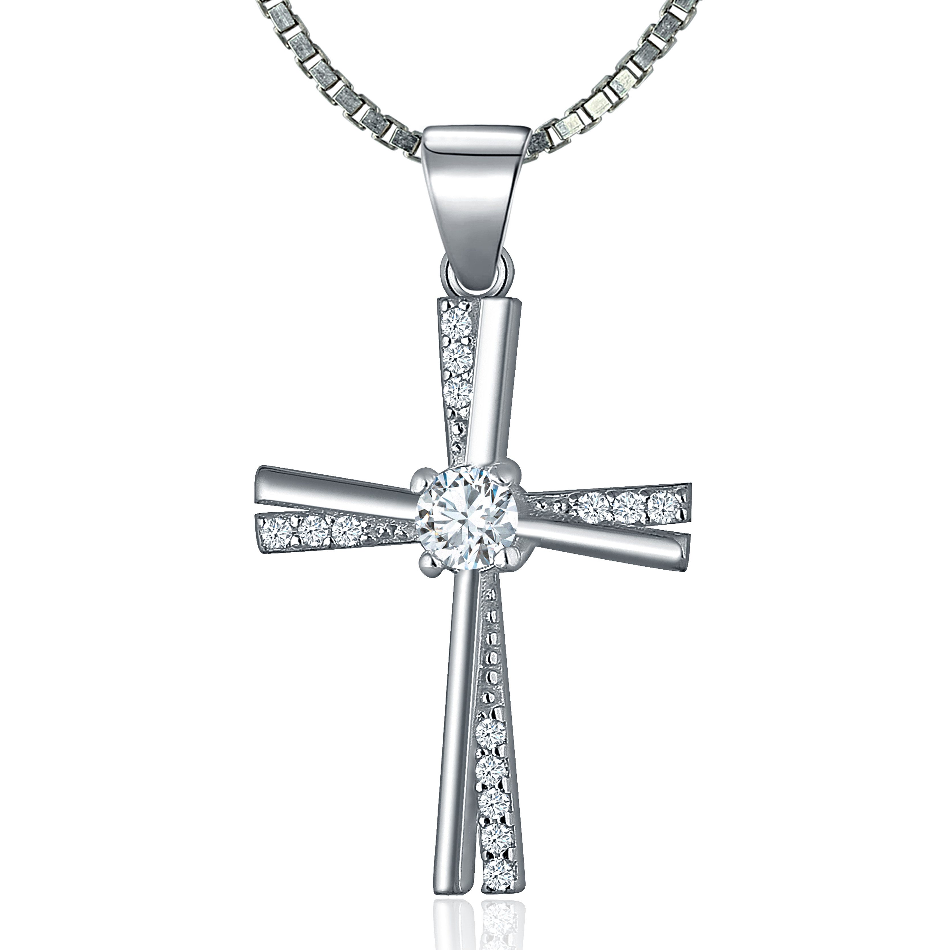 NAHLE Kreuzkette Kreuz Silberkette Kreuz Kette Zirkonia 925 Silber Halskette (inklusive Schmuckbox), 925 Silber Anhänger mit Zirkonia Steinen - rhodiniert