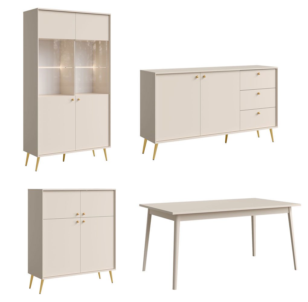 Feldmann-Wohnen Esszimmer-Set Rose, (Ausführung 4-teilig, mit Türen, mit Schubladen, 4-St., moderne Optik, Ausführung 4-teilig), sandbeige Ausführung 4-teilig