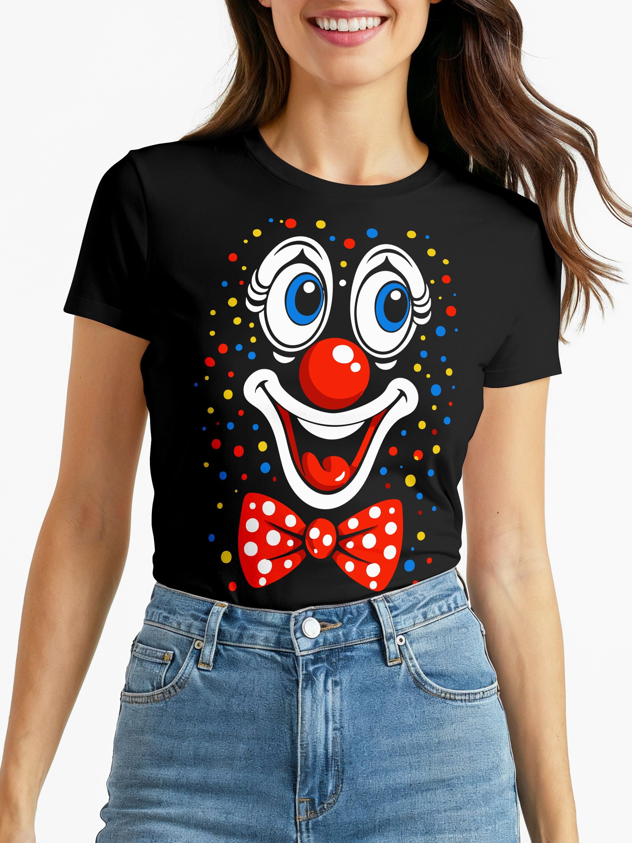 Print-Shirt Damen T-Shirt - Clown Print Aufdruck - Fasching Karneval Ersatz