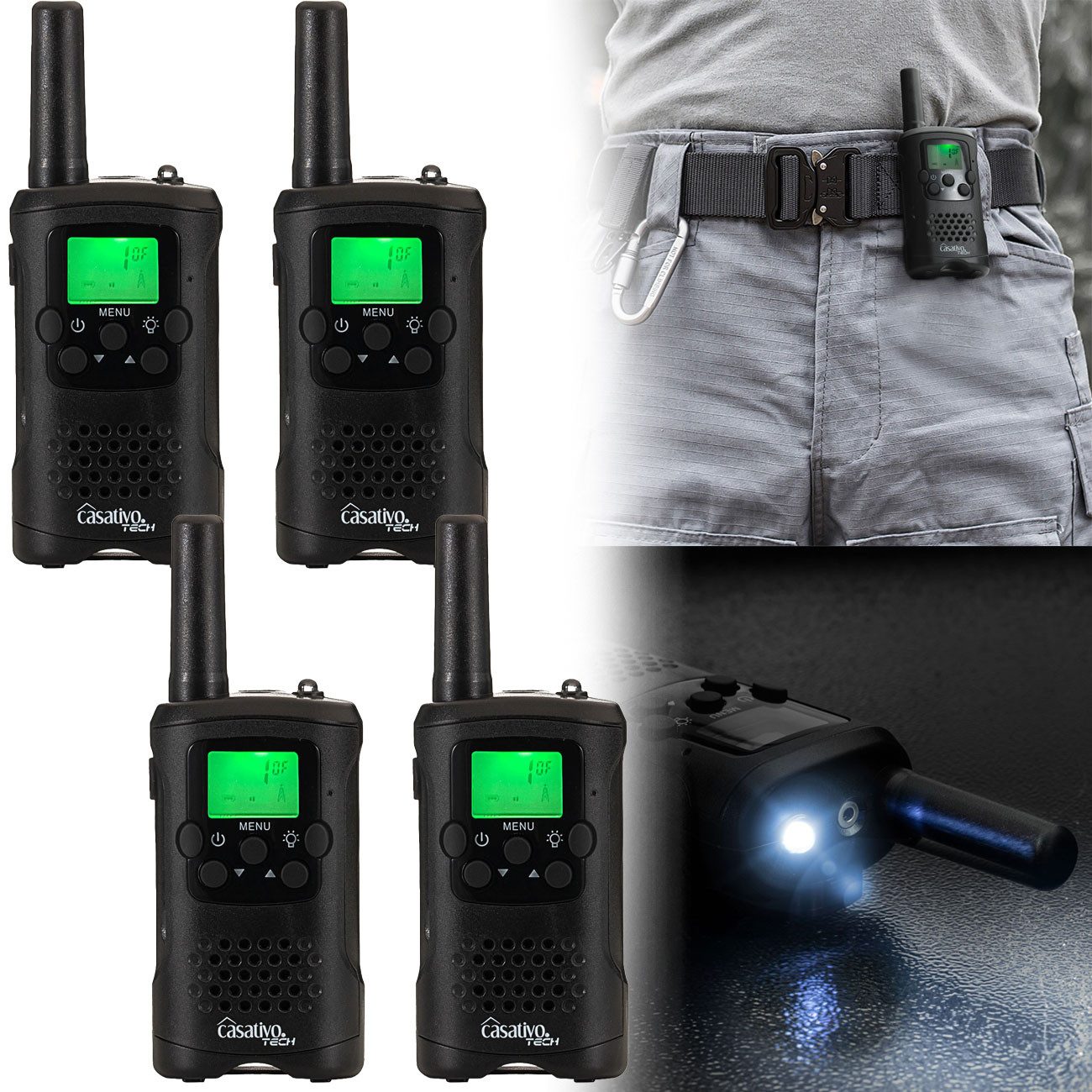 Casativo Funkgerät Gürtelclip & Taschenlampe, Walkie Talkie mit 10km Reichweite, (4-St., 2 Walkie Talkie), 8 Kanäle, Ladestation, 8 Stunden Sprechzeit