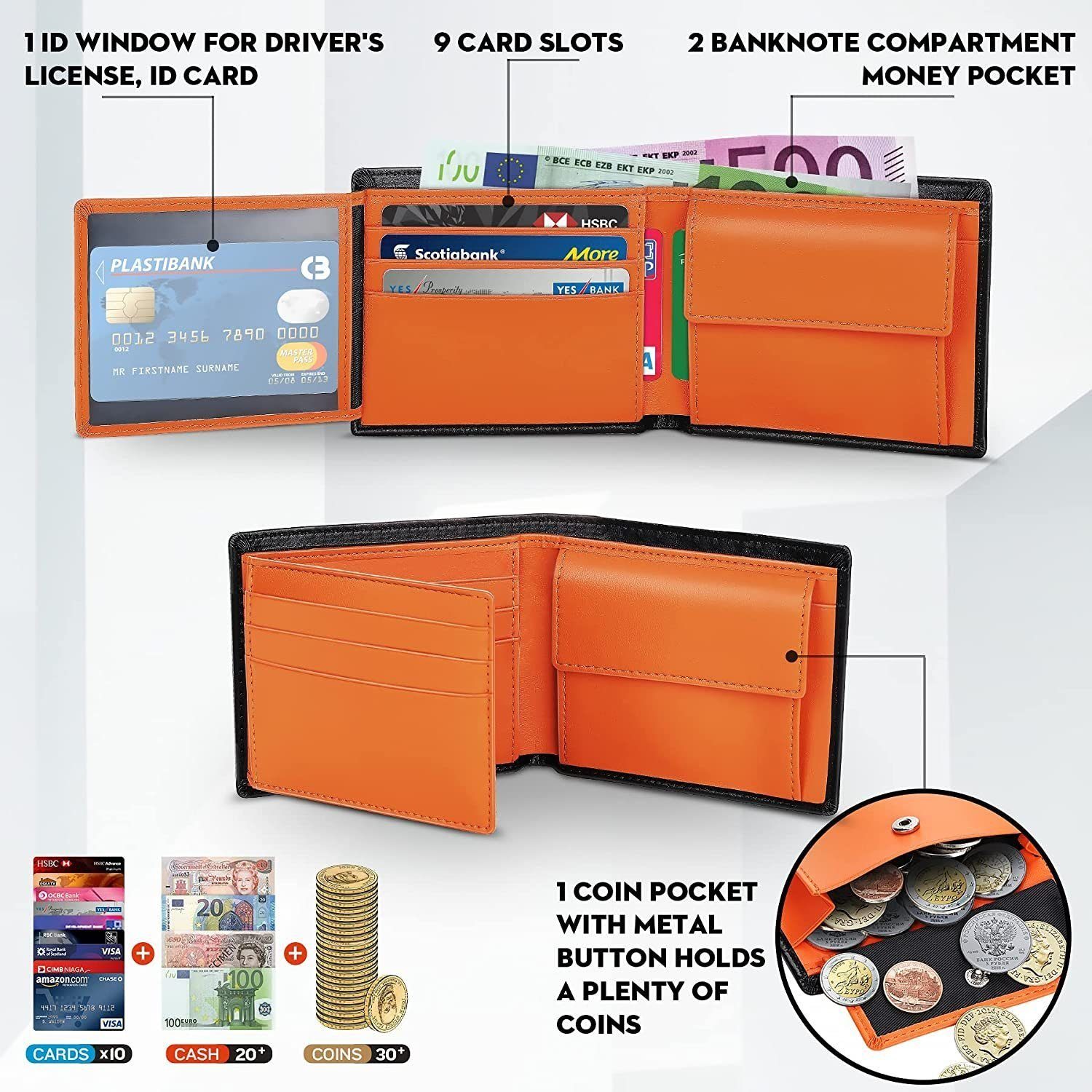 RFID-Schutz TEEHON elegantes Leder mit Echtem Ein Geldbörse Portemonnaie Orange-schwarz, aus Geldbörsen Herren