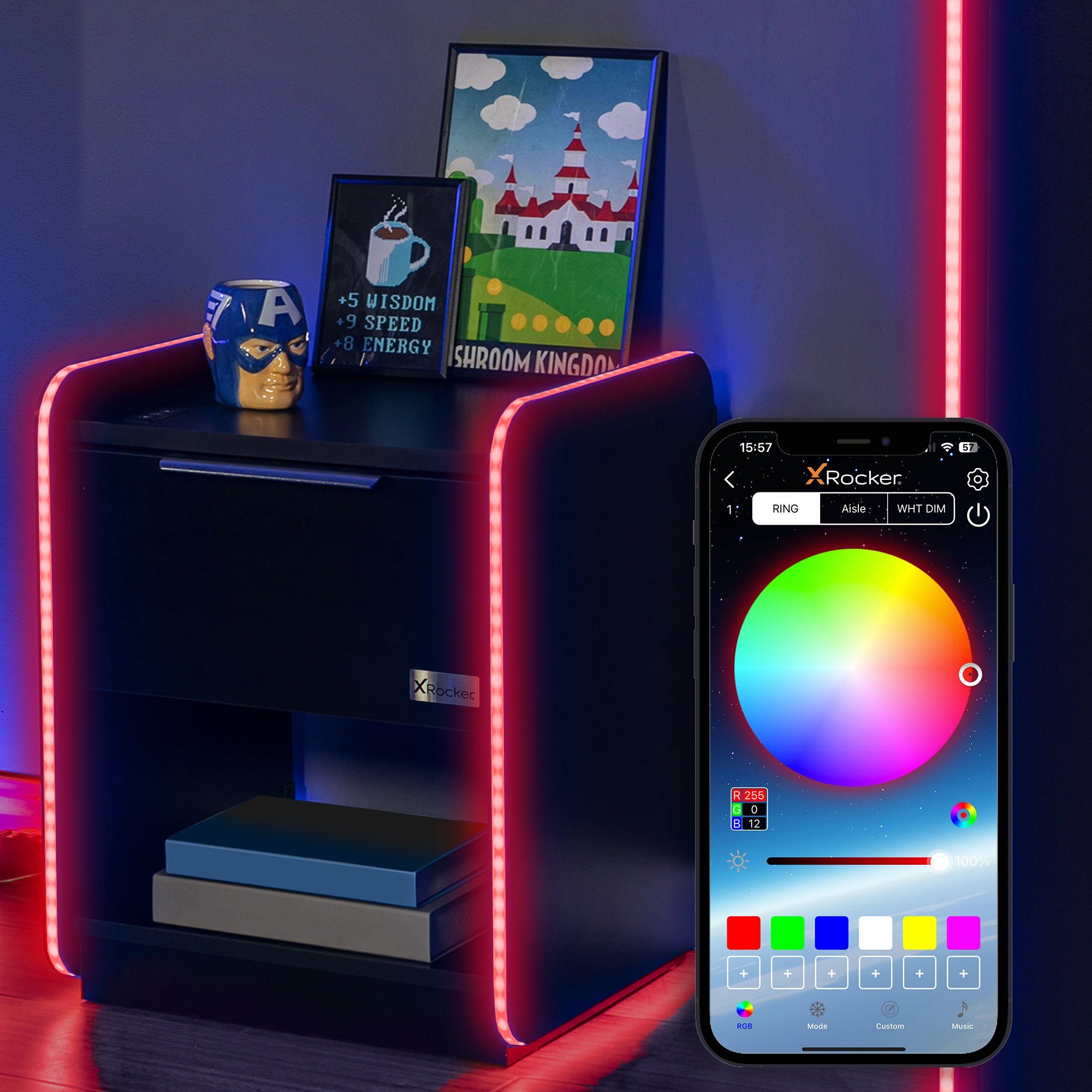X Rocker Nachttisch Electra Gaming Nachtschrank mit RGB-Beleuchtung & Wireless Charging