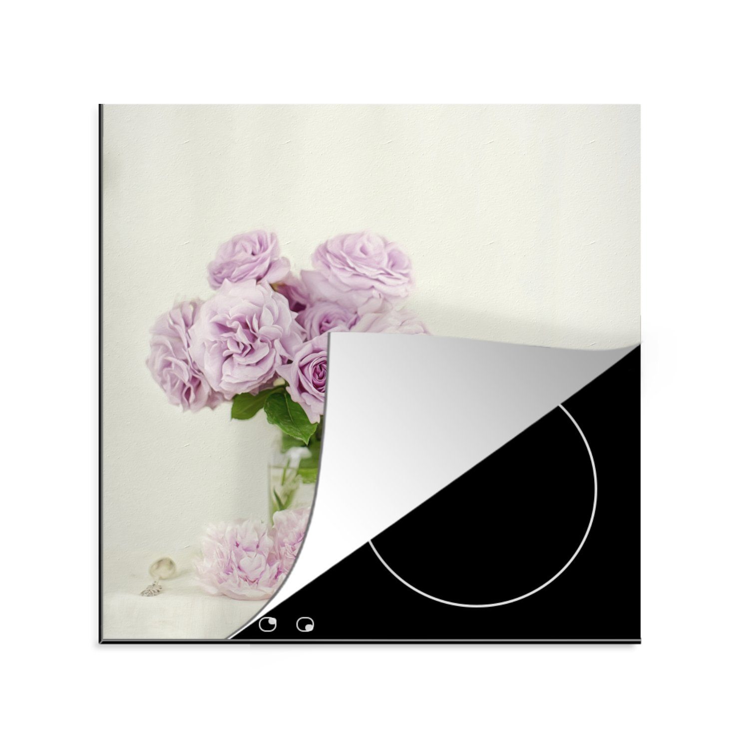 MuchoWow Herdblende-/Abdeckplatte Blumenstrauß aus rosa Pfingstrosen an einer Teetasse, Vinyl, (1 tlg), 78x78 cm, Ceranfeldabdeckung, Arbeitsplatte für küche
