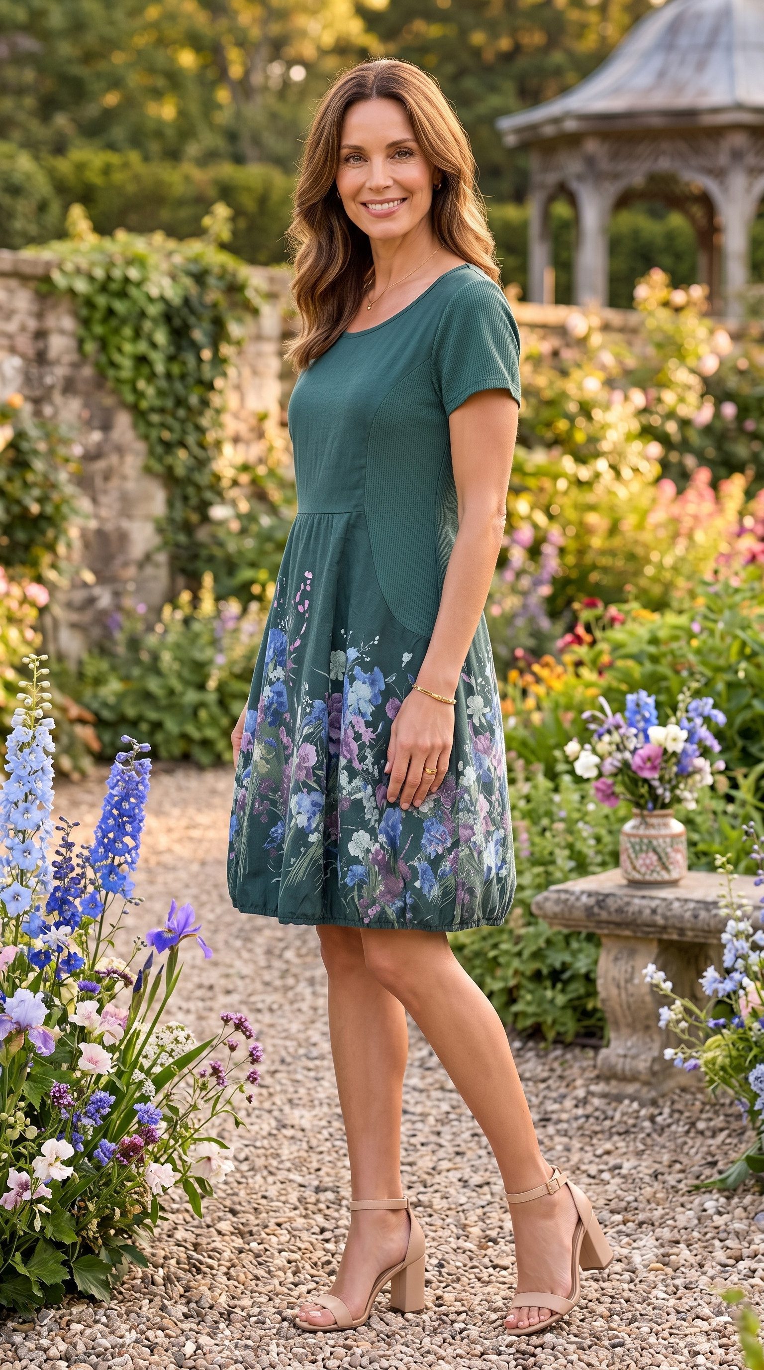 dy_mode Midikleid Damen Sommerkleid mit Blumenmuster Ballonkleid kurzarm Kurzarmkleid Leicht tailliert, 95 cm lang, Blumen-Print – Bild 5 von 5