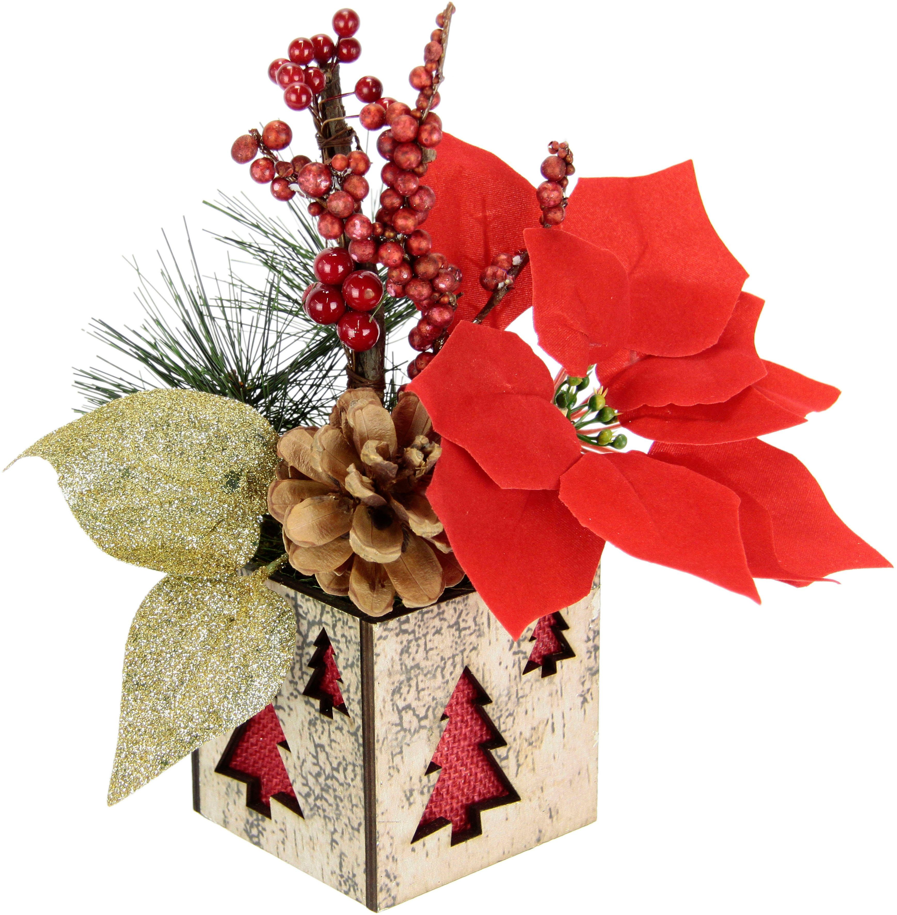 Winterliche Kunstpflanze Gesteck mit Poinsettia im Topf, Weihnachtsstern, Weihnachtsdeko