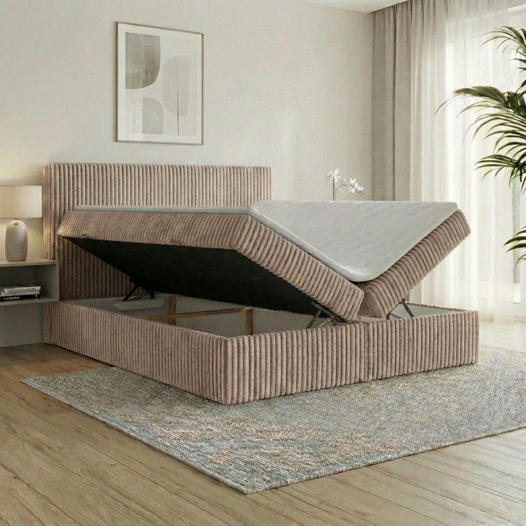 A&J MöbelLand GmbH Boxspringbett RALF mit Bettkasten, Topper und gepolstertem Kopfteil. (Boxspringbett mit Bettkasten und gepolstertem Kopfteil)