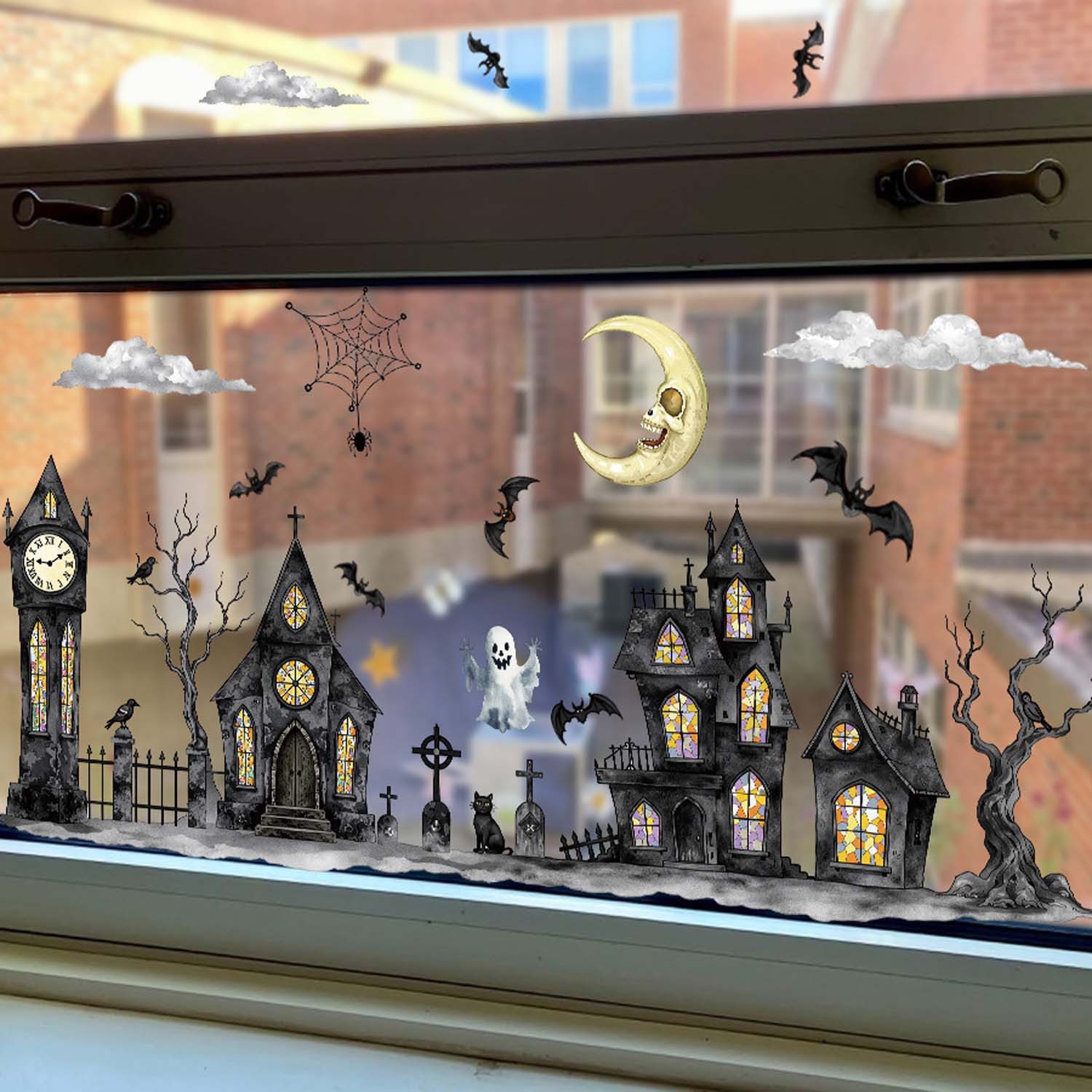 Sorvyzxn Fensterbild 2 Stück Halloween Town mit Geisterhäusern & Geistermond Muster – Bild 5 von 5