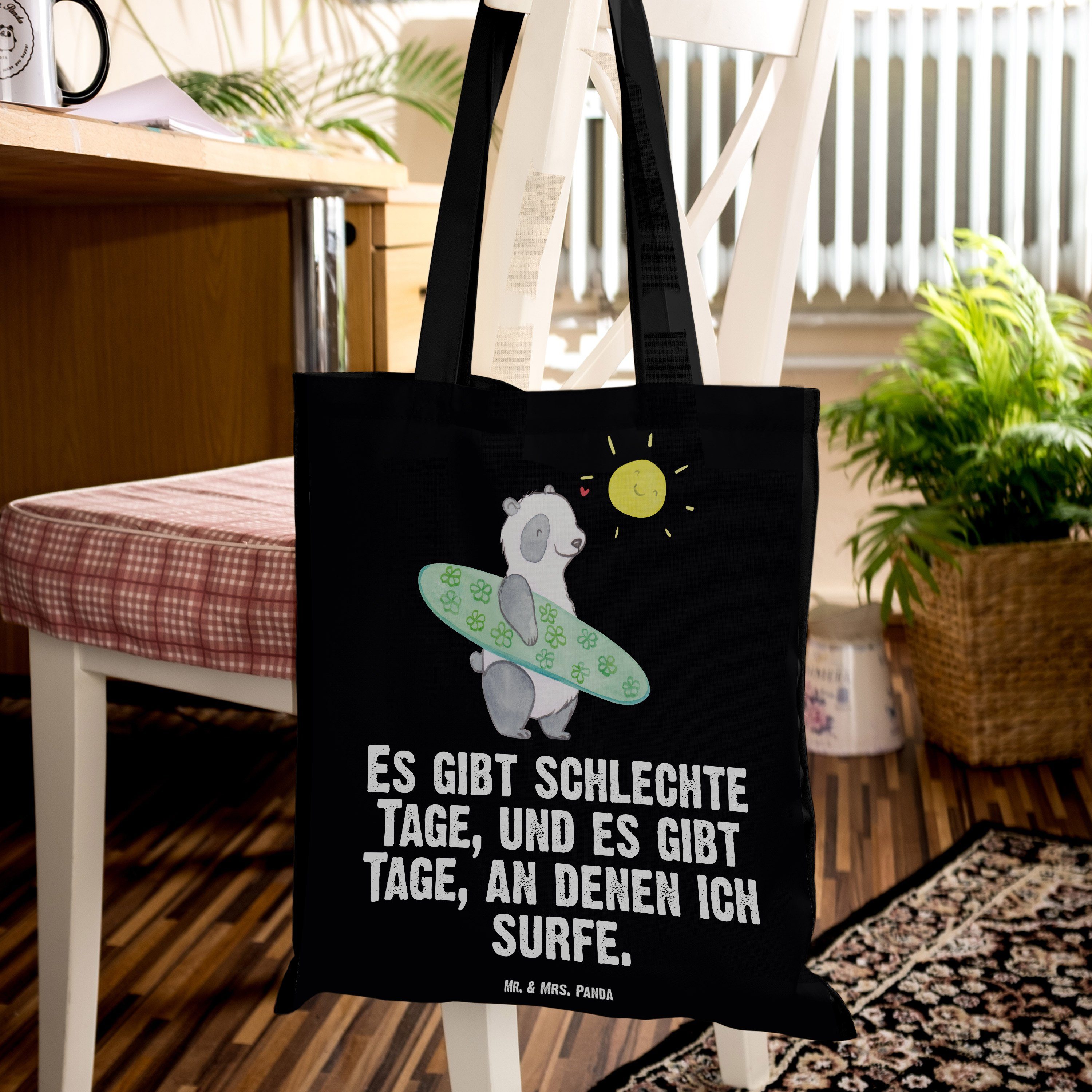 Mr. & Surfschule, Tage (1-tlg) Schwarz Mrs. Tragetasche Geschenk, - Panda Surfen - Wel Panda Beuteltasche