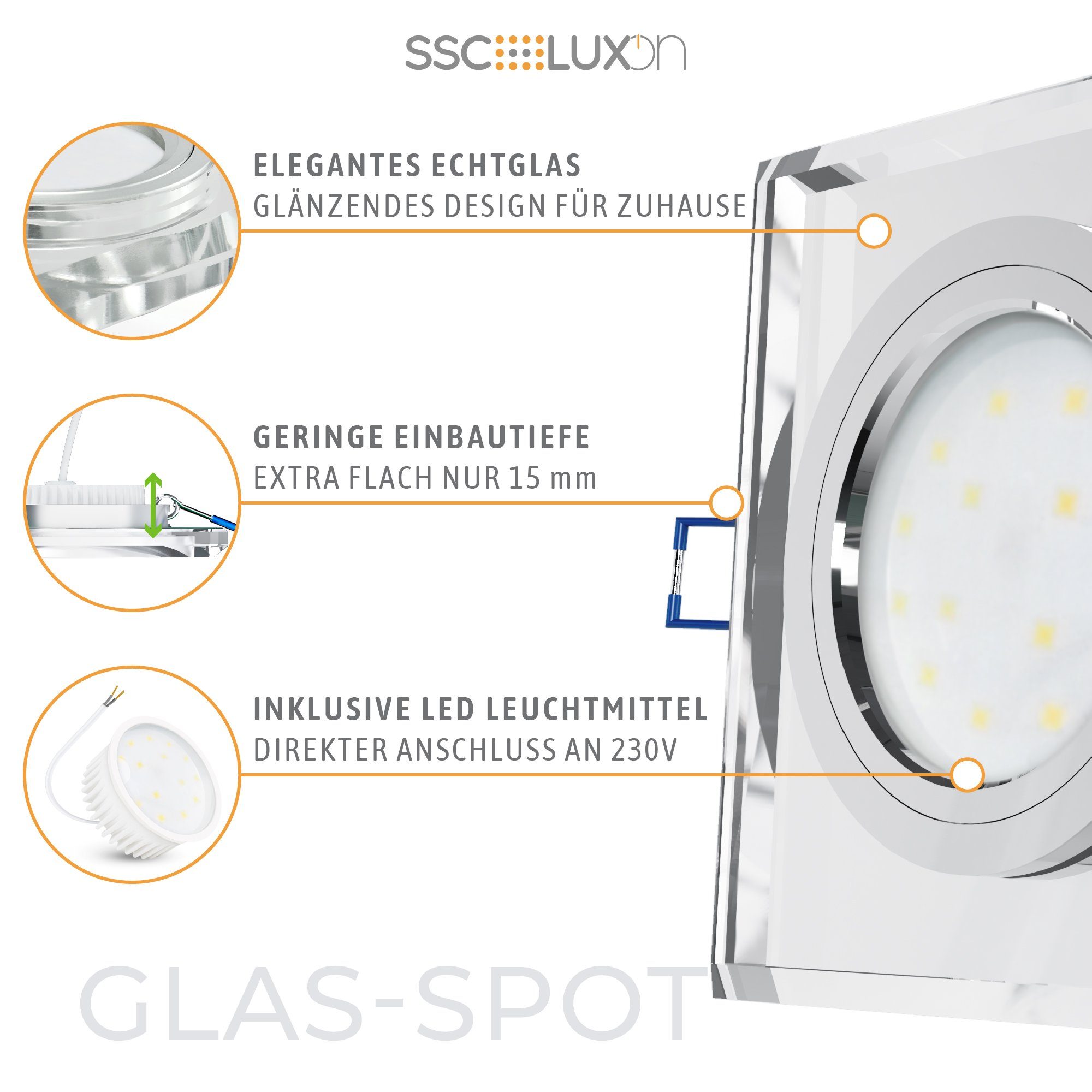 Warmweiß LED eckig LED Einbaustrahler Glas dimmbar, LED-Modul SSC-LUXon Flache klar mit Einbaustrahler