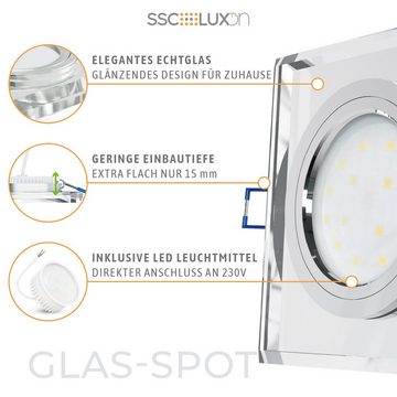 SSC-LUXon LED Einbaustrahler Flache Glas LED Einbaustrahler quadratisch klar mit LED-Modul, Extra Warmweiß